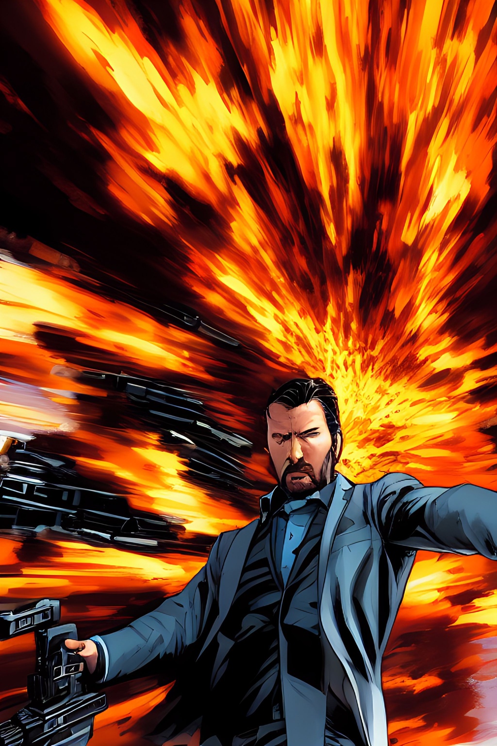 Prompt: long shot, John Wick Character centered in frame, full comics book cover page, Comic book page with 3 horizontal panels, fighting++ with a foe, gunfire++, explosions++ highly detailed, highly detailed facial features, nice eyes, city detailed, masterpiece, professional, vivid color, centered in frame, volumetric lighting, fog, professional, 8k, cinematic, menacing, xyf8, unreal engine, octane render, bokeh, vray, houdini render, quixel,  cinematic lighting, luminescence, translucency, arnold render, 8k uhd, raytracing, lumen reflections, cgsociety, ultra realistic, 100mm, film photography, dslr, cinema4d, studio quality, film grain, award-winning, fit aspect ratio, gtav style