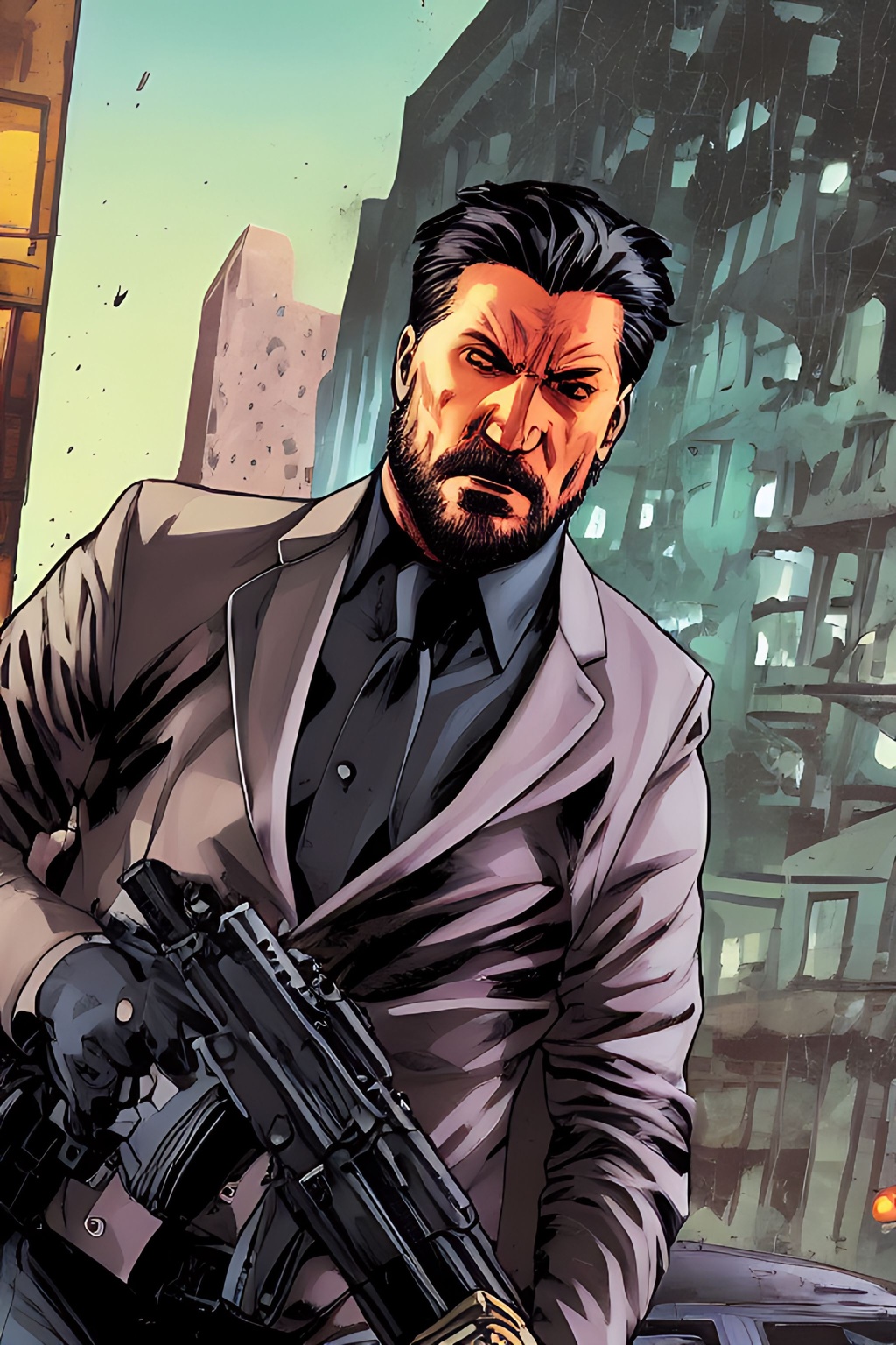 Prompt: street view, John Wick Character centered in frame, full comics book cover page, Comic book page with 3 horizontal panels, fighting++ with a foe, gunfire++, explosions++ highly detailed, highly detailed facial features, nice eyes, city detailed, masterpiece, professional, vivid color, centered in frame, volumetric lighting, fog, professional, 8k, cinematic, menacing, xyf8, unreal engine, octane render, bokeh, vray, houdini render, quixel,  cinematic lighting, luminescence, translucency, arnold render, 8k uhd, raytracing, lumen reflections, cgsociety, ultra realistic, 100mm, film photography, dslr, cinema4d, studio quality, film grain, award-winning, fit aspect ratio, gtav style