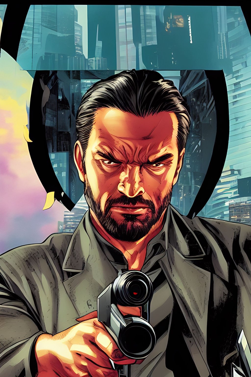 Prompt: wide angle shot, John Wick Character centered in frame, full comics book cover page, Comic book page with 3 horizontal panels, driving a dodge charger highly detailed, highly detailed facial features, nice eyes, city detailed, masterpiece, professional, vivid color, centered in frame, volumetric lighting, fog, professional, 8k, cinematic, menacing, xyf8, unreal engine, octane render, bokeh, vray, houdini render, quixel,  cinematic lighting, luminescence, translucency, arnold render, 8k uhd, raytracing, lumen reflections, cgsociety, ultra realistic, 100mm, film photography, dslr, cinema4d, studio quality, film grain, award-winning, fit aspect ratio, gtav style