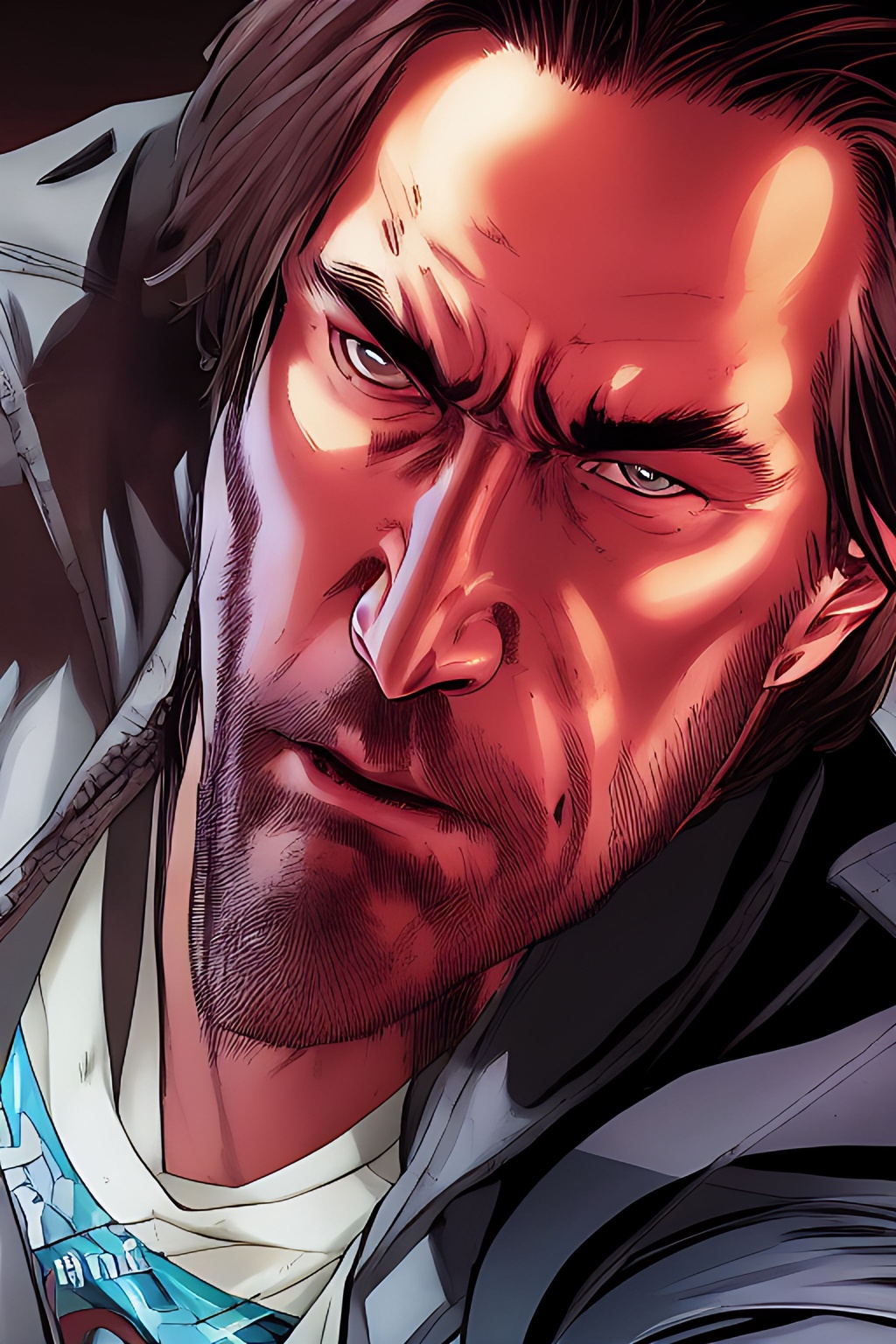 Prompt: closeup shot, John Wick Character centered in frame, full comics book cover page, Comic book page with 3 horizontal panels, attacking highly detailed, highly detailed facial features, nice eyes, city detailed, masterpiece, professional, vivid color, centered in frame, volumetric lighting, fog, professional, 8k, cinematic, menacing, xyf8, unreal engine, octane render, bokeh, vray, houdini render, quixel,  cinematic lighting, luminescence, translucency, arnold render, 8k uhd, raytracing, lumen reflections, cgsociety, ultra realistic, 100mm, film photography, dslr, cinema4d, studio quality, film grain, award-winning, fit aspect ratio, gtav style