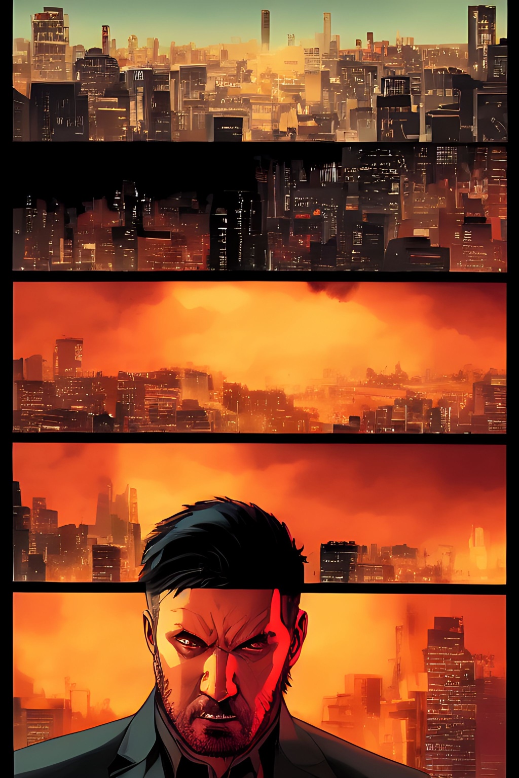 Prompt: panoramic shot, John Wick Character centered in the frame, full comics book cover page, Comic book page with 3 horizontal panels, attacking highly detailed, highly detailed facial features, nice eyes, city detailed, masterpiece, professional, vivid color, centered in frame, volumetric lighting, fog, professional, 8k, cinematic, menacing, xyf8, unreal engine, octane render, bokeh, vray, houdini render, quixel,  cinematic lighting, luminescence, translucency, arnold render, 8k uhd, raytracing, lumen reflections, cgsociety, ultra realistic, 100mm, film photography, dslr, cinema4d, studio quality, film grain, award-winning, fit aspect ratio, gtav style