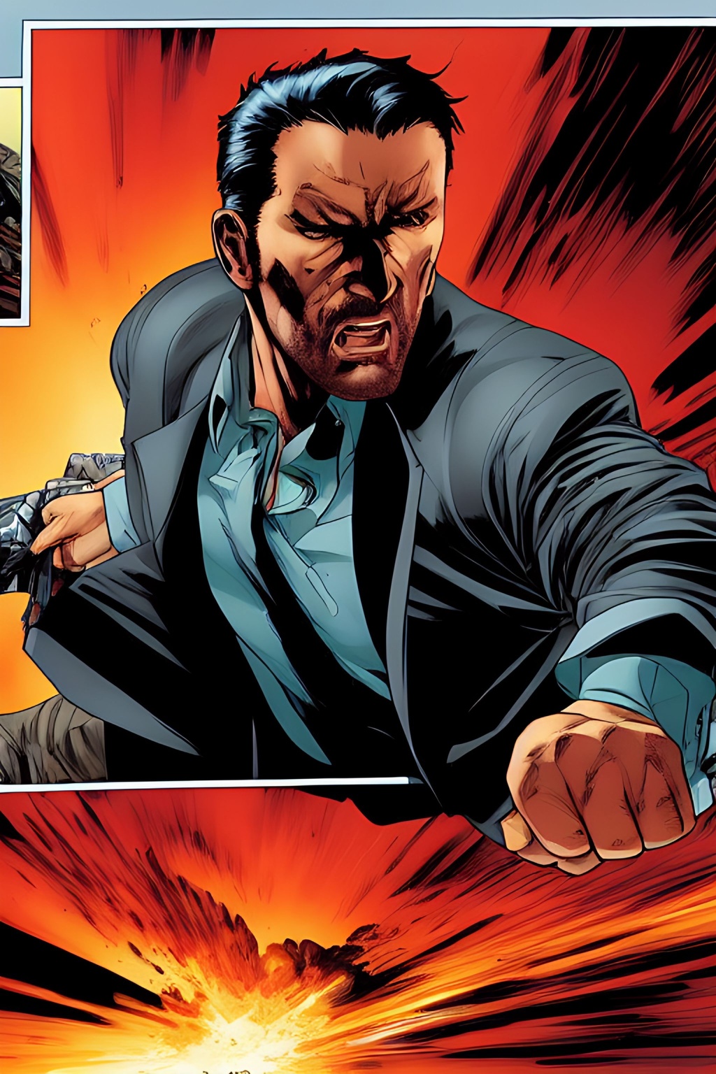 Prompt: random camera angle shot, John Wick Character centered in the frame, full comics book cover page, Comic book page with 3 horizontal panels, action scene fist fighting a foe highly detailed, highly detailed facial features, nice eyes, city detailed, masterpiece, professional, vivid color, centered in frame, volumetric lighting, fog, professional, 8k, cinematic, menacing, xyf8, unreal engine, octane render, bokeh, vray, houdini render, quixel,  cinematic lighting, luminescence, translucency, arnold render, 8k uhd, raytracing, lumen reflections, cgsociety, ultra realistic, 100mm, film photography, dslr, cinema4d, studio quality, film grain, award-winning, fit aspect ratio, gtav style