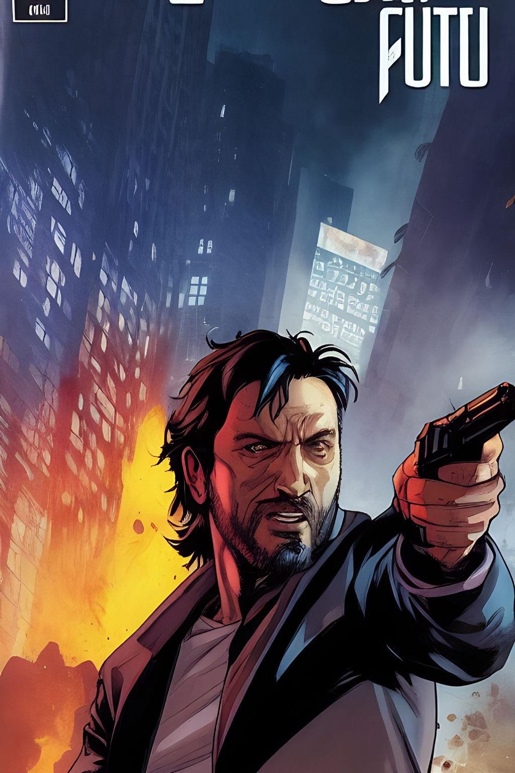 Prompt: random camera angle shot, John Wick Character centered in the frame, full comics book cover page, Comic book page with 3 horizontal panels, action scene fist fighting a foe highly detailed, highly detailed facial features, nice eyes, city detailed, masterpiece, professional, vivid color, centered in frame, volumetric lighting, fog, professional, 8k, cinematic, menacing, xyf8, unreal engine, octane render, bokeh, vray, houdini render, quixel,  cinematic lighting, luminescence, translucency, arnold render, 8k uhd, raytracing, lumen reflections, cgsociety, ultra realistic, 100mm, film photography, dslr, cinema4d, studio quality, film grain, award-winning, fit aspect ratio, gtav style