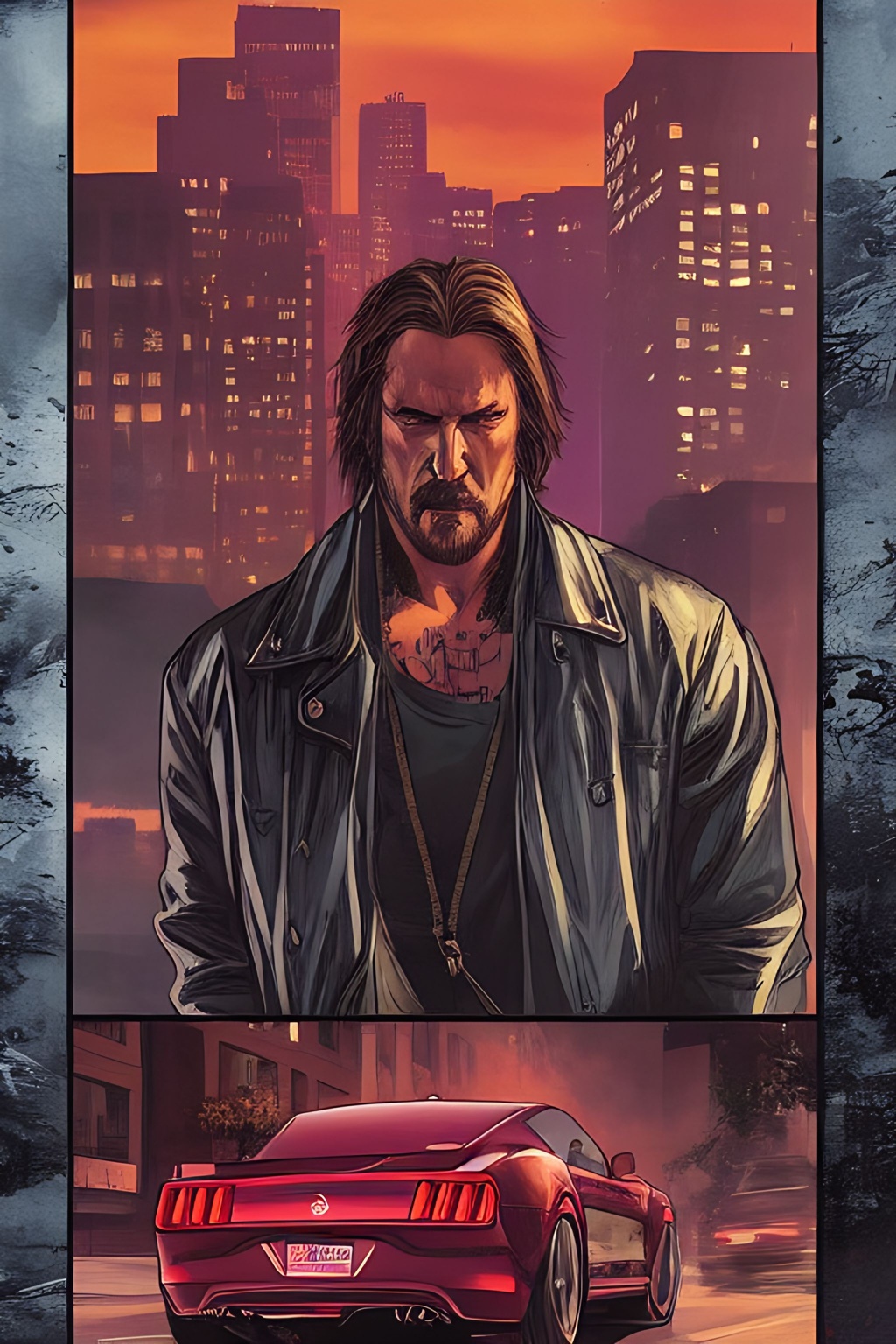Prompt: street level shot, John Wick Character++ walking++ to his car, a vintage++ mustang centered in the frame, full comics book cover page, Comic book page with 3 horizontal panels, highly detailed, highly detailed facial features, nice eyes, city detailed, masterpiece, professional, vivid color, centered in frame, volumetric lighting, fog, professional, 8k, cinematic, menacing, xyf8, unreal engine, octane render, bokeh, vray, houdini render, quixel,  cinematic lighting, luminescence, translucency, arnold render, 8k uhd, raytracing, lumen reflections, cgsociety, ultra realistic, 100mm, film photography, dslr, cinema4d, studio quality, film grain, award-winning, fit aspect ratio, gtav style