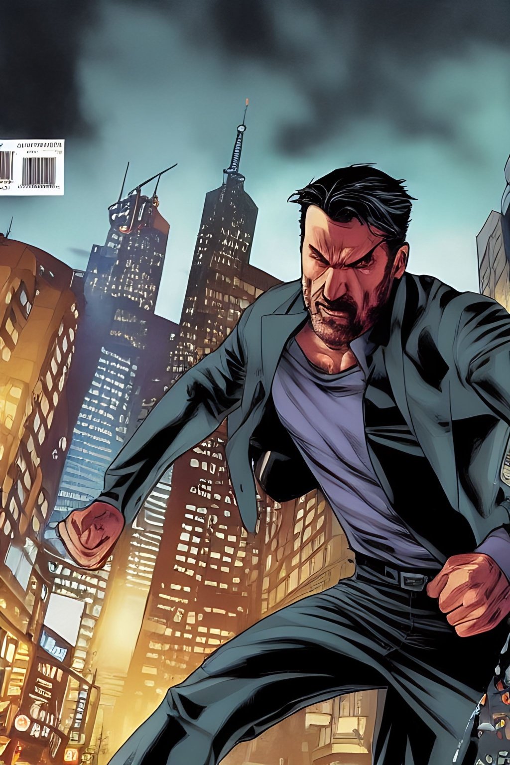 Prompt: street level shot, John Wick Character++ chasing+ after foe, clenched fists, centered in the frame, full comics book cover page, Comic book page with 3 horizontal panels, highly detailed, highly detailed facial features, nice eyes, city detailed, masterpiece, professional, vivid color, centered in frame, volumetric lighting, fog, professional, 8k, cinematic, menacing, xyf8, unreal engine, octane render, bokeh, vray, houdini render, quixel,  cinematic lighting, luminescence, translucency, arnold render, 8k uhd, raytracing, lumen reflections, cgsociety, ultra realistic, 100mm, film photography, dslr, cinema4d, studio quality, film grain, award-winning, fit aspect ratio, gtav style