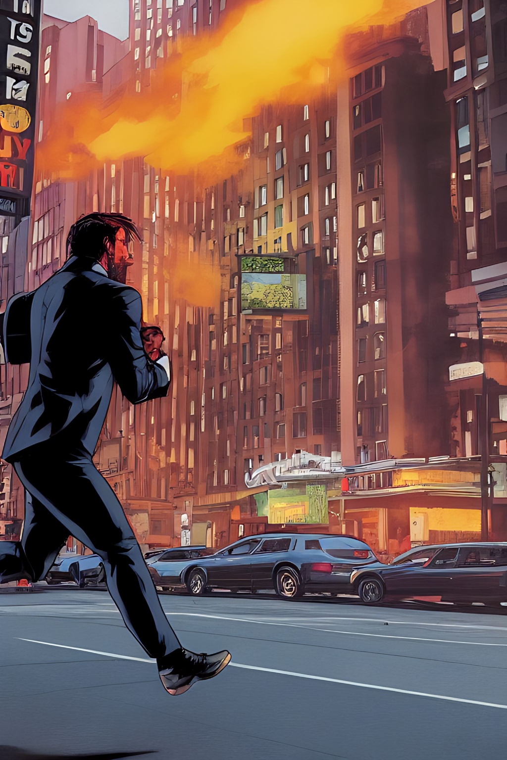 Prompt: street level shot, John Wick Character++ chasing+ after foe, centered in the frame, full comics book cover page, Comic book page with 3 horizontal panels, highly detailed, highly detailed facial features, nice eyes, city detailed, masterpiece, professional, vivid color, centered in frame, volumetric lighting, fog, professional, 8k, cinematic, menacing, xyf8, unreal engine, octane render, bokeh, vray, houdini render, quixel,  cinematic lighting, luminescence, translucency, arnold render, 8k uhd, raytracing, lumen reflections, cgsociety, ultra realistic, 100mm, film photography, dslr, cinema4d, studio quality, film grain, award-winning, fit aspect ratio, gtav style