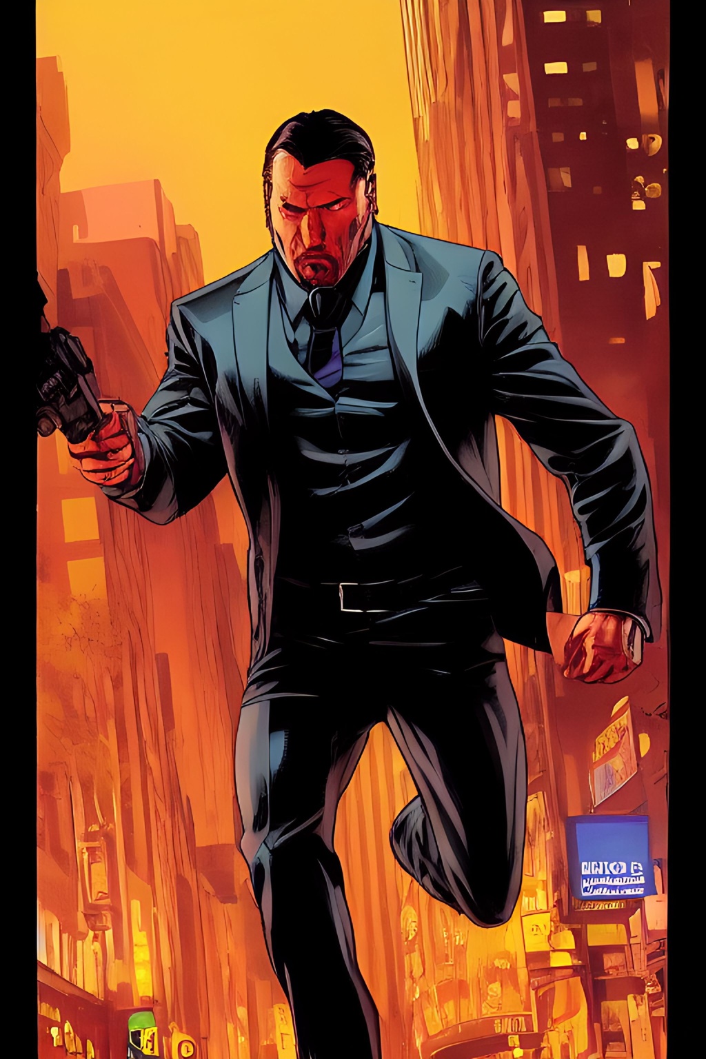 Prompt: street level shot, John Wick Character++ running after foe, centered in the frame, full comics book cover page, Comic book page with 3 horizontal panels, highly detailed, highly detailed facial features, nice eyes, city detailed, masterpiece, professional, vivid color, centered in frame, volumetric lighting, fog, professional, 8k, cinematic, menacing, xyf8, unreal engine, octane render, bokeh, vray, houdini render, quixel,  cinematic lighting, luminescence, translucency, arnold render, 8k uhd, raytracing, lumen reflections, cgsociety, ultra realistic, 100mm, film photography, dslr, cinema4d, studio quality, film grain, award-winning, fit aspect ratio, gtav style