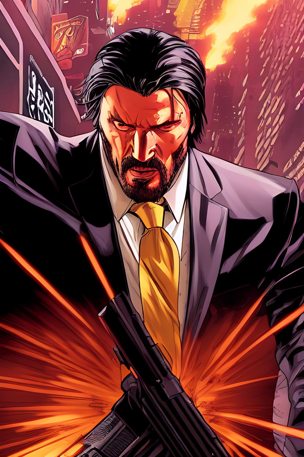 Prompt: street level shot, John Wick Character++ running after foe, centered in the frame, full comics book cover page, Comic book page with 3 horizontal panels, highly detailed, highly detailed facial features, nice eyes, city detailed, masterpiece, professional, vivid color, centered in frame, volumetric lighting, fog, professional, 8k, cinematic, menacing, xyf8, unreal engine, octane render, bokeh, vray, houdini render, quixel,  cinematic lighting, luminescence, translucency, arnold render, 8k uhd, raytracing, lumen reflections, cgsociety, ultra realistic, 100mm, film photography, dslr, cinema4d, studio quality, film grain, award-winning, fit aspect ratio, gtav style