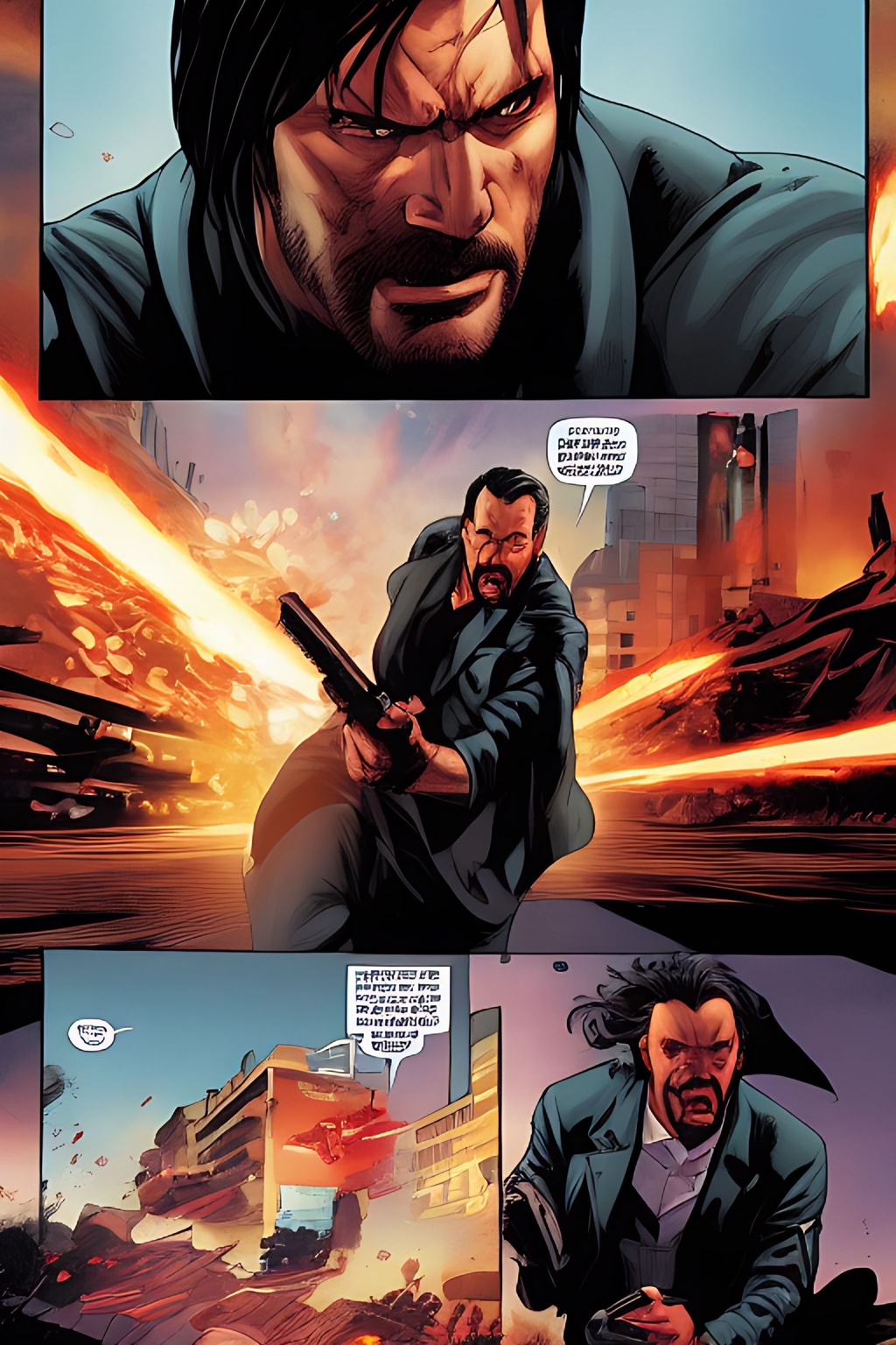 Prompt: medium shot, John Wick Character++ holding pistol chasing+ after a foe,  centered in the frame, full comics book cover page, Comic book page with 3 horizontal panels, highly detailed, highly detailed facial features, nice eyes, city detailed, masterpiece, professional, vivid color, centered in frame, volumetric lighting, fog, professional, 8k, cinematic, menacing, xyf8, unreal engine, octane render, bokeh, vray, houdini render, quixel,  cinematic lighting, luminescence, translucency, arnold render, 8k uhd, raytracing, lumen reflections, cgsociety, ultra realistic, 100mm, film photography, dslr, cinema4d, studio quality, film grain, award-winning, fit aspect ratio, gtav style