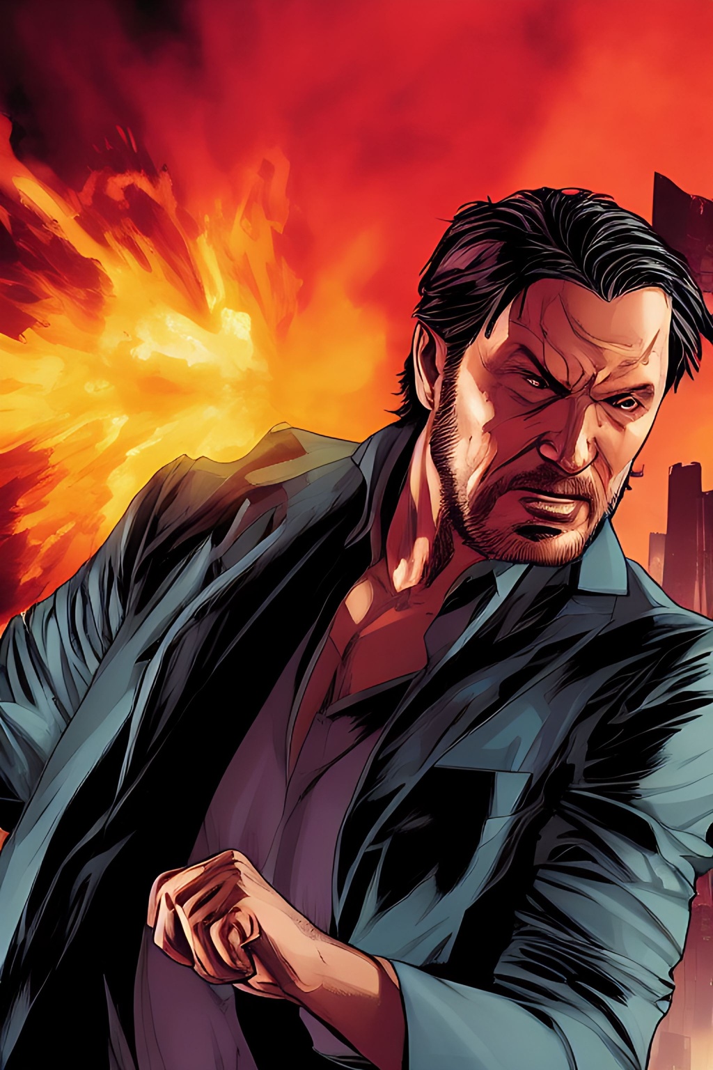 Prompt: long shot, John Wick Character++ chasing+ after foe, clenched fists, centered in the frame, full comics book cover page, Comic book page with 3 horizontal panels, highly detailed, highly detailed facial features, nice eyes, city detailed, masterpiece, professional, vivid color, centered in frame, volumetric lighting, fog, professional, 8k, cinematic, menacing, xyf8, unreal engine, octane render, bokeh, vray, houdini render, quixel,  cinematic lighting, luminescence, translucency, arnold render, 8k uhd, raytracing, lumen reflections, cgsociety, ultra realistic, 100mm, film photography, dslr, cinema4d, studio quality, film grain, award-winning, fit aspect ratio, gtav style