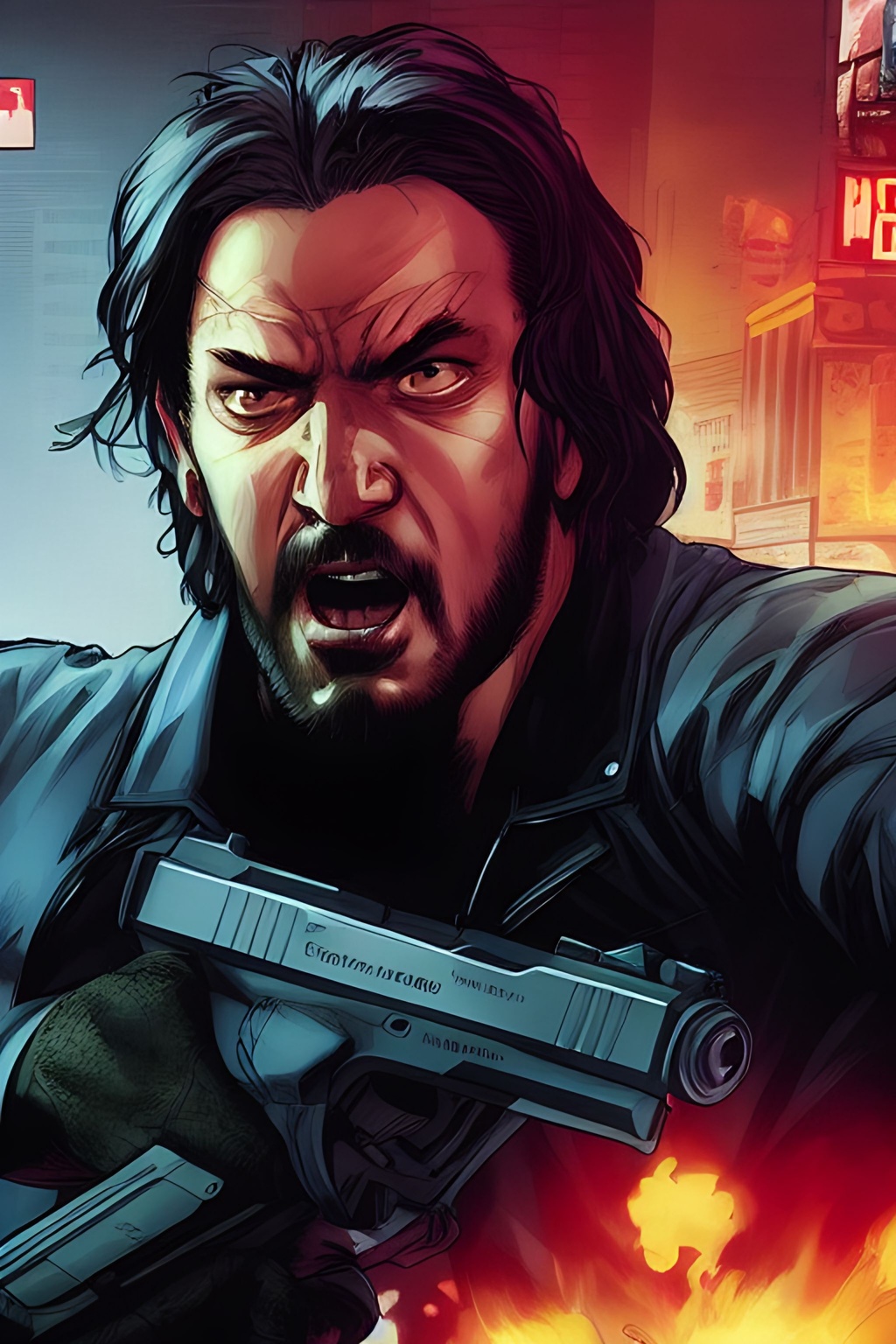 Prompt: medium shot, John Wick Character++ holding pistol chasing+ after a foe,  centered in the frame, full comics book cover page, Comic book page with 3 horizontal panels, highly detailed, highly detailed facial features, nice eyes, city detailed, masterpiece, professional, vivid color, centered in frame, volumetric lighting, fog, professional, 8k, cinematic, menacing, xyf8, unreal engine, octane render, bokeh, vray, houdini render, quixel,  cinematic lighting, luminescence, translucency, arnold render, 8k uhd, raytracing, lumen reflections, cgsociety, ultra realistic, 100mm, film photography, dslr, cinema4d, studio quality, film grain, award-winning, fit aspect ratio, gtav style