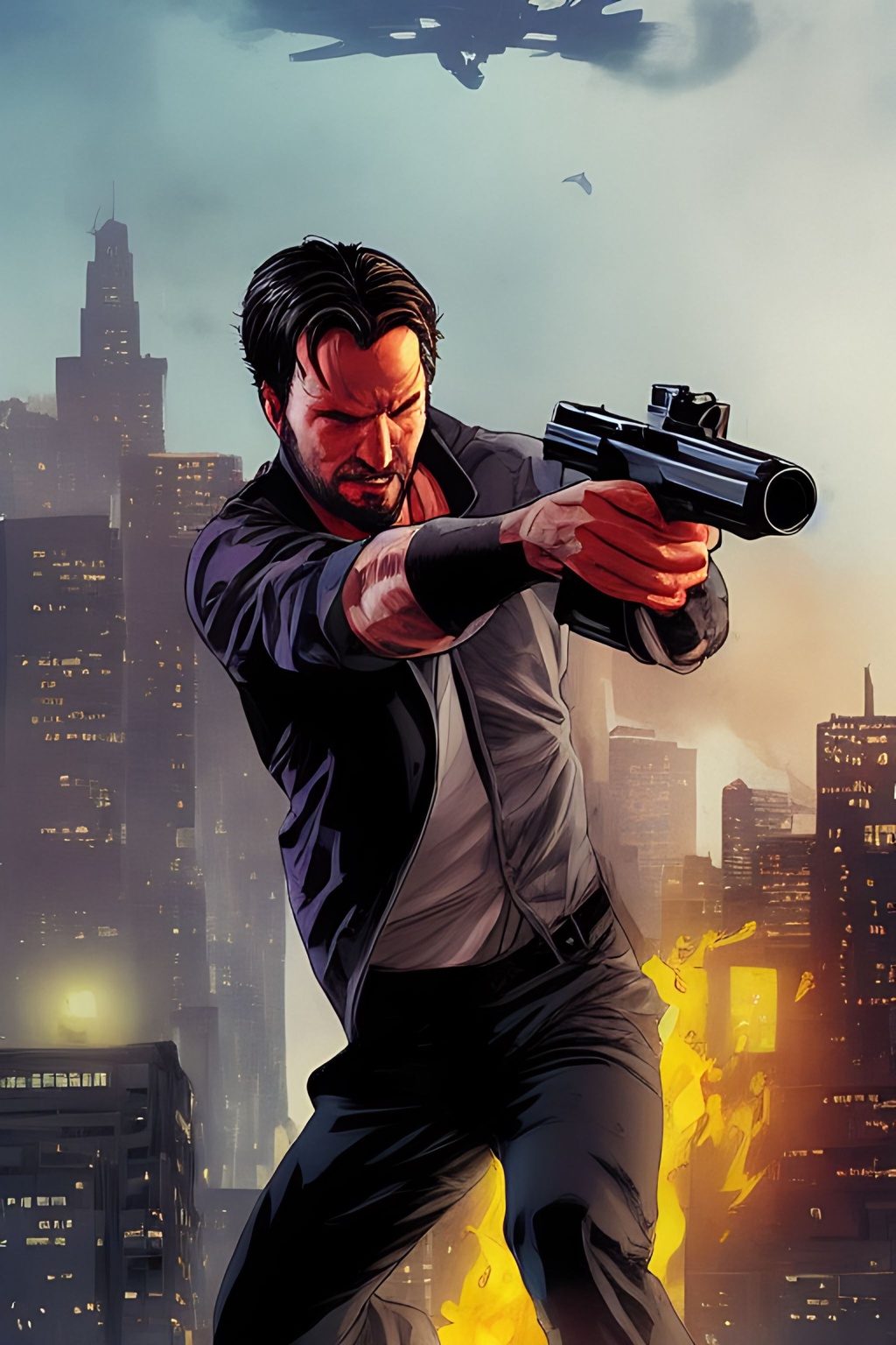 Prompt: waist up shot, John Wick Character++ holding pistol chasing+ after a foe,  centered in the frame, full comics book cover page, Comic book page with 3 horizontal panels, highly detailed, highly detailed facial features, nice eyes, city detailed, masterpiece, professional, vivid color, centered in frame, volumetric lighting, fog, professional, 8k, cinematic, menacing, xyf8, unreal engine, octane render, bokeh, vray, houdini render, quixel,  cinematic lighting, luminescence, translucency, arnold render, 8k uhd, raytracing, lumen reflections, cgsociety, ultra realistic, 100mm, film photography, dslr, cinema4d, studio quality, film grain, award-winning, fit aspect ratio, gtav style