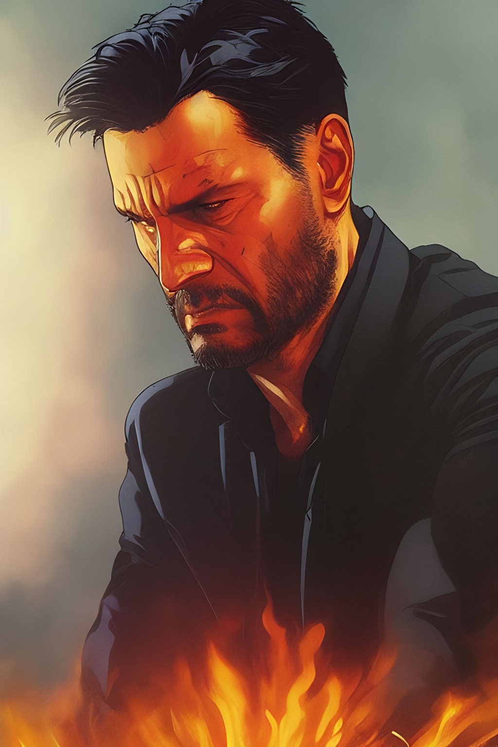 Prompt: Movie poster shot, John Wick Character+ talking with a man, centered in the frame, full comics book cover page, Comic book page with 3 horizontal panels, highly detailed, highly detailed facial features, nice eyes, city detailed, masterpiece, professional, vivid color, centered in frame, volumetric lighting, fog, professional, 8k, cinematic, menacing, xyf8, unreal engine, octane render, bokeh, vray, houdini render, quixel,  cinematic lighting, luminescence, translucency, arnold render, 8k uhd, raytracing, lumen reflections, cgsociety, ultra realistic, 100mm, film photography, dslr, cinema4d, studio quality, film grain, award-winning, fit aspect ratio, gtav style