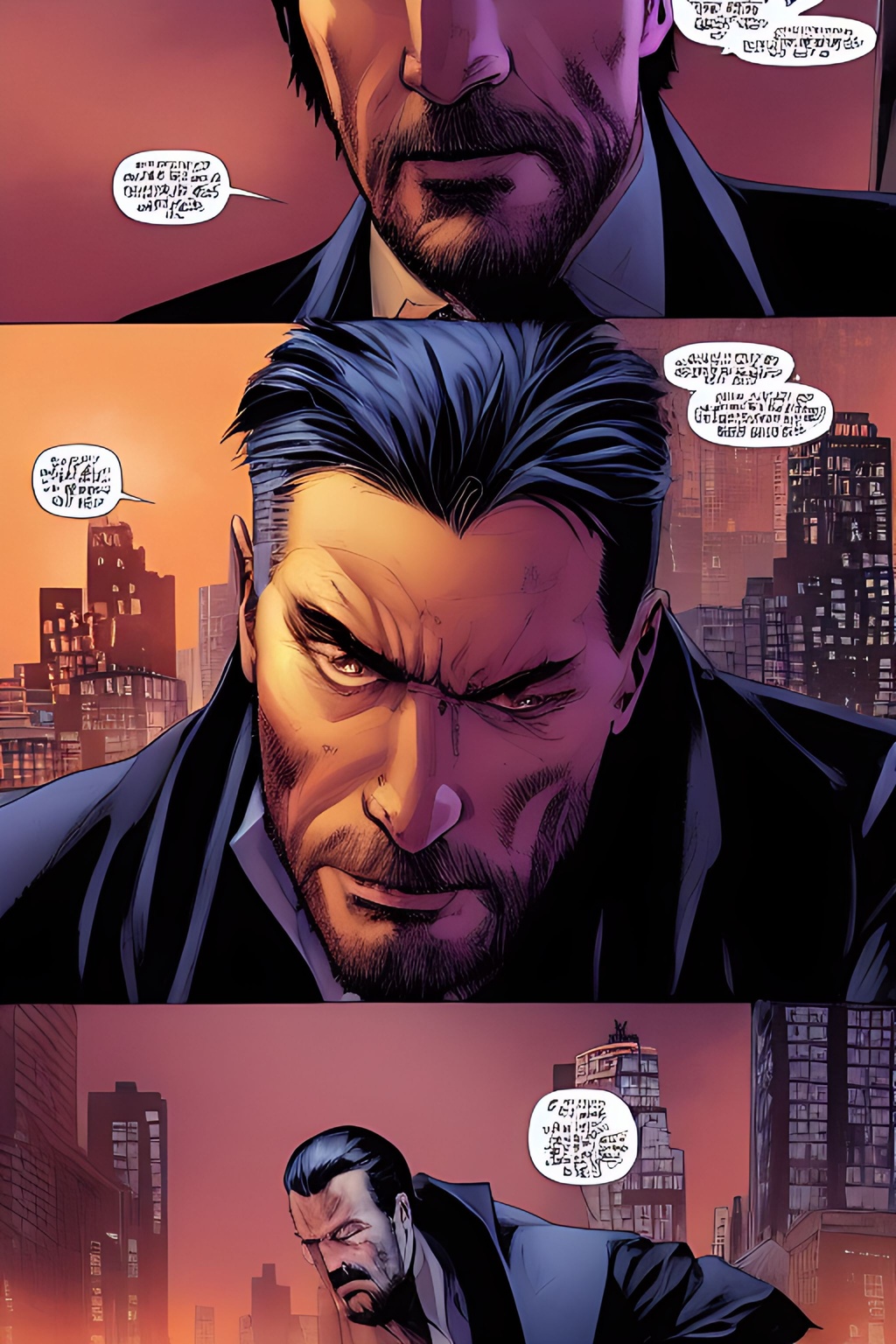 Prompt: telephoto shot, John Wick Character+ talking with a man, centered in the frame, full comics book cover page, Comic book page with 3 horizontal panels, highly detailed, highly detailed facial features, nice eyes, city detailed, masterpiece, professional, vivid color, centered in frame, volumetric lighting, fog, professional, 8k, cinematic, menacing, xyf8, unreal engine, octane render, bokeh, vray, houdini render, quixel,  cinematic lighting, luminescence, translucency, arnold render, 8k uhd, raytracing, lumen reflections, cgsociety, ultra realistic, 100mm, film photography, dslr, cinema4d, studio quality, film grain, award-winning, fit aspect ratio, gtav style