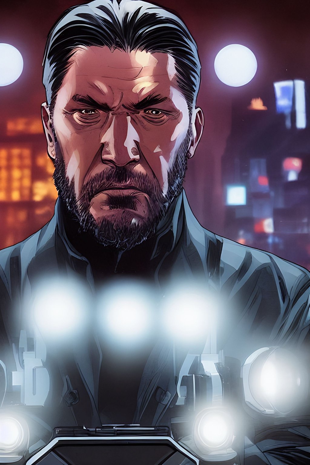 Prompt: telephoto shot, John Wick Character+ talking with a man, centered in the frame, full comics book cover page, Comic book page with 3 horizontal panels, highly detailed, highly detailed facial features, nice eyes, city detailed, masterpiece, professional, vivid color, centered in frame, volumetric lighting, fog, professional, 8k, cinematic, menacing, xyf8, unreal engine, octane render, bokeh, vray, houdini render, quixel,  cinematic lighting, luminescence, translucency, arnold render, 8k uhd, raytracing, lumen reflections, cgsociety, ultra realistic, 100mm, film photography, dslr, cinema4d, studio quality, film grain, award-winning, fit aspect ratio, gtav style