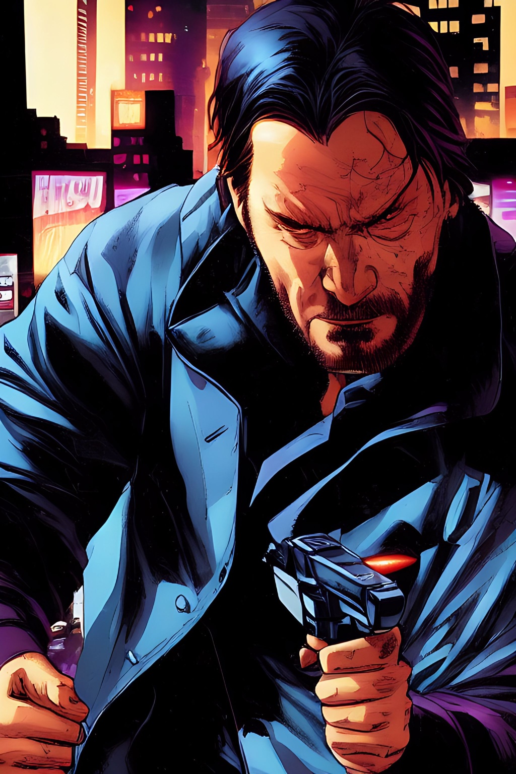 Prompt: telephoto shot, John Wick Character+ fighting with a man, centered in the frame, full comics book cover page, Comic book page with 3 horizontal panels, highly detailed, highly detailed facial features, nice eyes, city detailed, masterpiece, professional, vivid color, centered in frame, volumetric lighting, fog, professional, 8k, cinematic, menacing, xyf8, unreal engine, octane render, bokeh, vray, houdini render, quixel,  cinematic lighting, luminescence, translucency, arnold render, 8k uhd, raytracing, lumen reflections, cgsociety, ultra realistic, 100mm, film photography, dslr, cinema4d, studio quality, film grain, award-winning, fit aspect ratio, gtav style