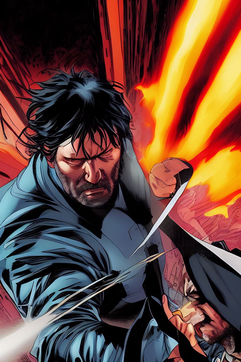 Prompt: telephoto shot, John Wick Character+ shown fighting+ with a man, centered in the frame, full comics book cover page, Comic book page with 3 horizontal panels, highly detailed, highly detailed facial features, nice eyes, city detailed, masterpiece, professional, vivid color, centered in frame, volumetric lighting, fog, professional, 8k, cinematic, menacing, xyf8, unreal engine, octane render, bokeh, vray, houdini render, quixel,  cinematic lighting, luminescence, translucency, arnold render, 8k uhd, raytracing, lumen reflections, cgsociety, ultra realistic, 100mm, film photography, dslr, cinema4d, studio quality, film grain, award-winning, fit aspect ratio, gtav style