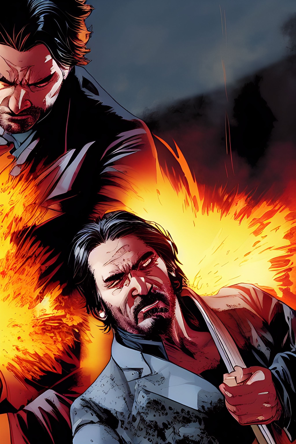 Prompt: telephoto shot, John Wick Character+ shown fighting+ with a man, centered in the frame, full comics book cover page, Comic book page with 3 horizontal panels, highly detailed, highly detailed facial features, nice eyes, city detailed, masterpiece, professional, vivid color, centered in frame, volumetric lighting, fog, professional, 8k, cinematic, menacing, xyf8, unreal engine, octane render, bokeh, vray, houdini render, quixel,  cinematic lighting, luminescence, translucency, arnold render, 8k uhd, raytracing, lumen reflections, cgsociety, ultra realistic, 100mm, film photography, dslr, cinema4d, studio quality, film grain, award-winning, fit aspect ratio, gtav style