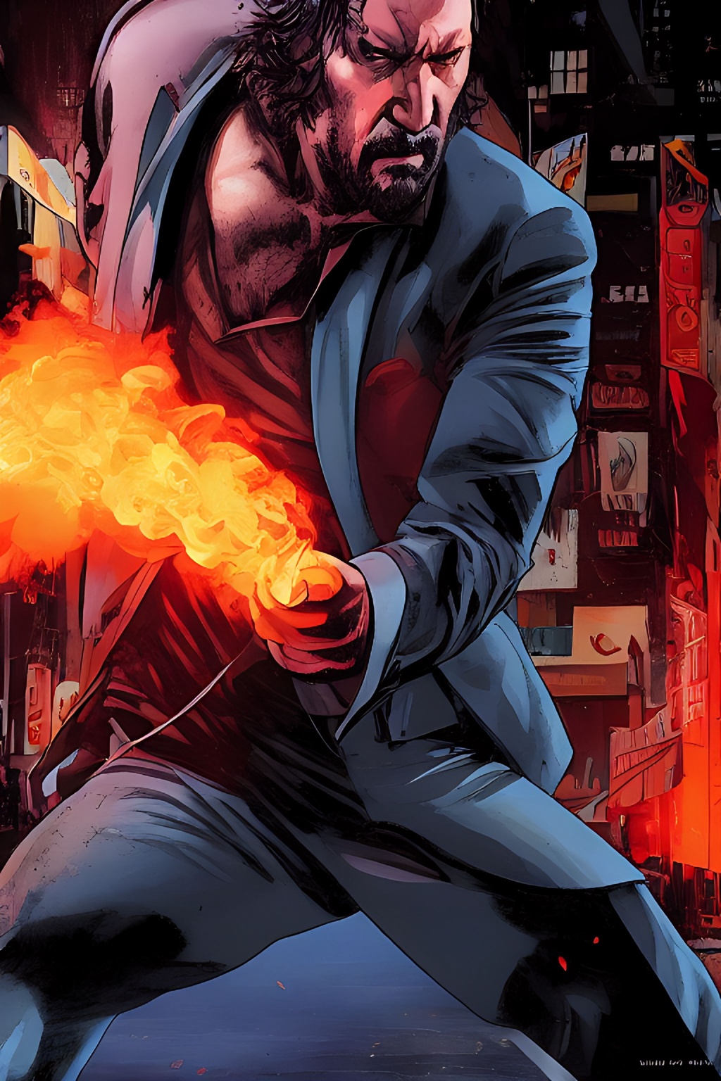 Prompt: telephoto shot, John Wick Character+ shown fighting++ with a man, centered in the frame, full comics book cover page, Comic book page with 3 horizontal panels, highly detailed, highly detailed facial features, nice eyes, city detailed, masterpiece, professional, vivid color, centered in frame, volumetric lighting, fog, professional, 8k, cinematic, menacing, xyf8, unreal engine, octane render, bokeh, vray, houdini render, quixel,  cinematic lighting, luminescence, translucency, arnold render, 8k uhd, raytracing, lumen reflections, cgsociety, ultra realistic, 100mm, film photography, dslr, cinema4d, studio quality, film grain, award-winning, fit aspect ratio, gtav style