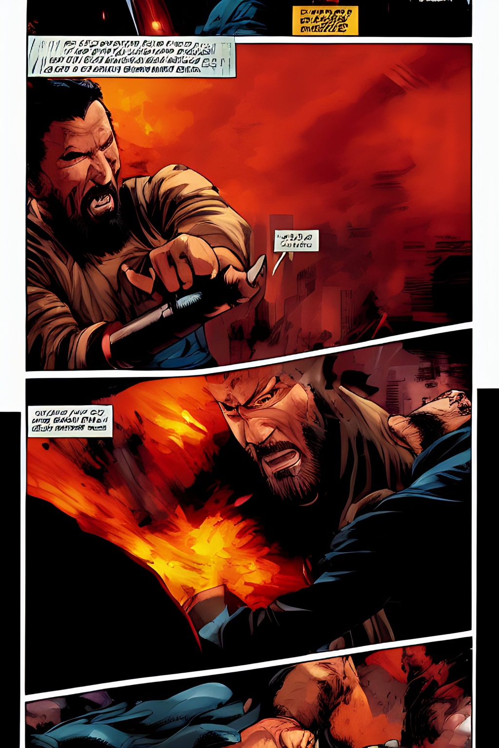 Prompt: telephoto shot, John Wick Character+ shown fighting++ with a man, centered in the frame, full comics book cover page, Comic book page with 3 horizontal panels, highly detailed, highly detailed facial features, nice eyes, city detailed, masterpiece, professional, vivid color, centered in frame, volumetric lighting, fog, professional, 8k, cinematic, menacing, xyf8, unreal engine, octane render, bokeh, vray, houdini render, quixel,  cinematic lighting, luminescence, translucency, arnold render, 8k uhd, raytracing, lumen reflections, cgsociety, ultra realistic, 100mm, film photography, dslr, cinema4d, studio quality, film grain, award-winning, fit aspect ratio, gtav style