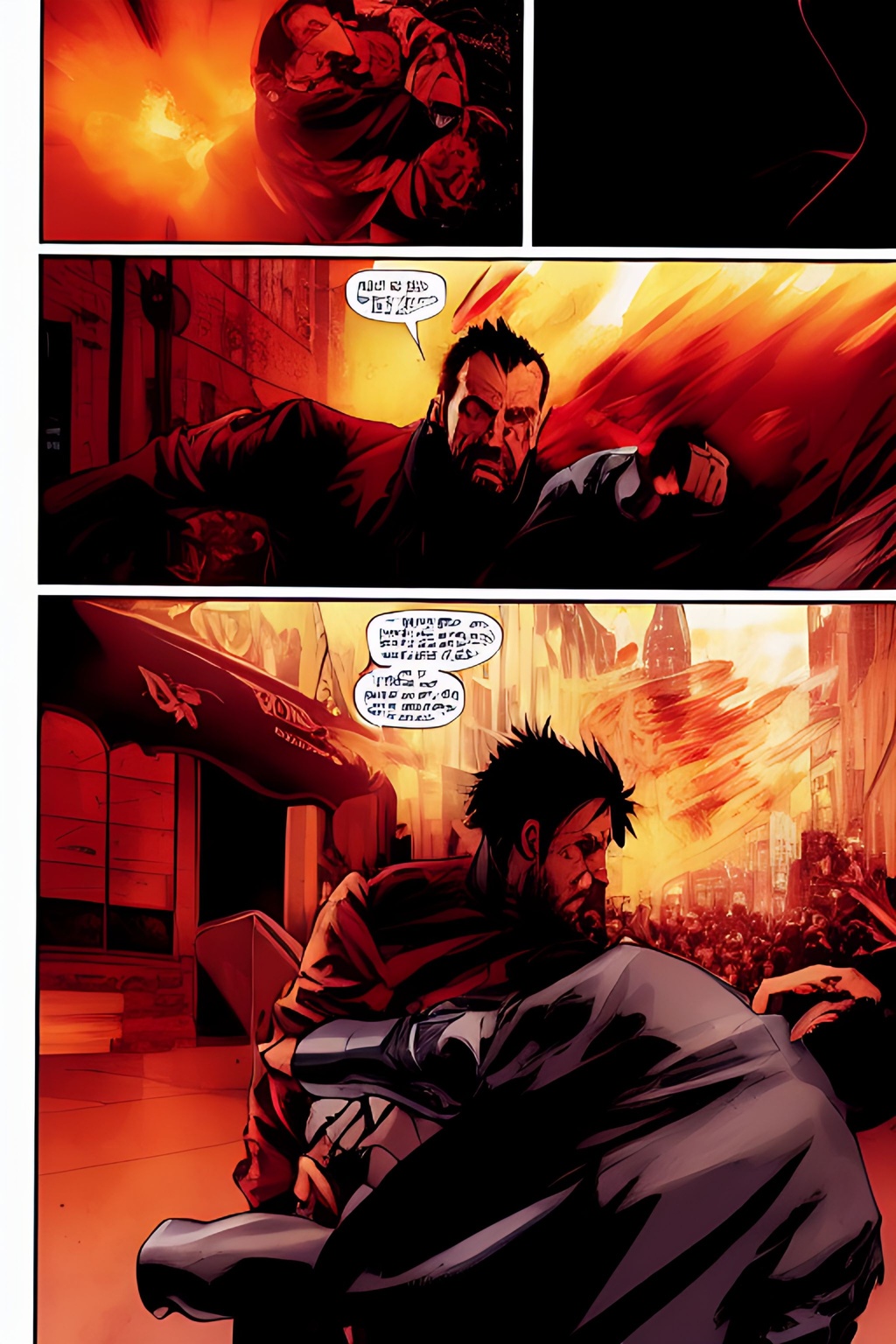 Prompt: telephoto shot, John Wick Character+ shown fighting++ with a man, centered in the frame, full comics book cover page, Comic book page with 3 horizontal panels, highly detailed, highly detailed facial features, nice eyes, city detailed, masterpiece, professional, vivid color, centered in frame, volumetric lighting, fog, professional, 8k, cinematic, menacing, xyf8, unreal engine, octane render, bokeh, vray, houdini render, quixel,  cinematic lighting, luminescence, translucency, arnold render, 8k uhd, raytracing, lumen reflections, cgsociety, ultra realistic, 100mm, film photography, dslr, cinema4d, studio quality, film grain, award-winning, fit aspect ratio, gtav style