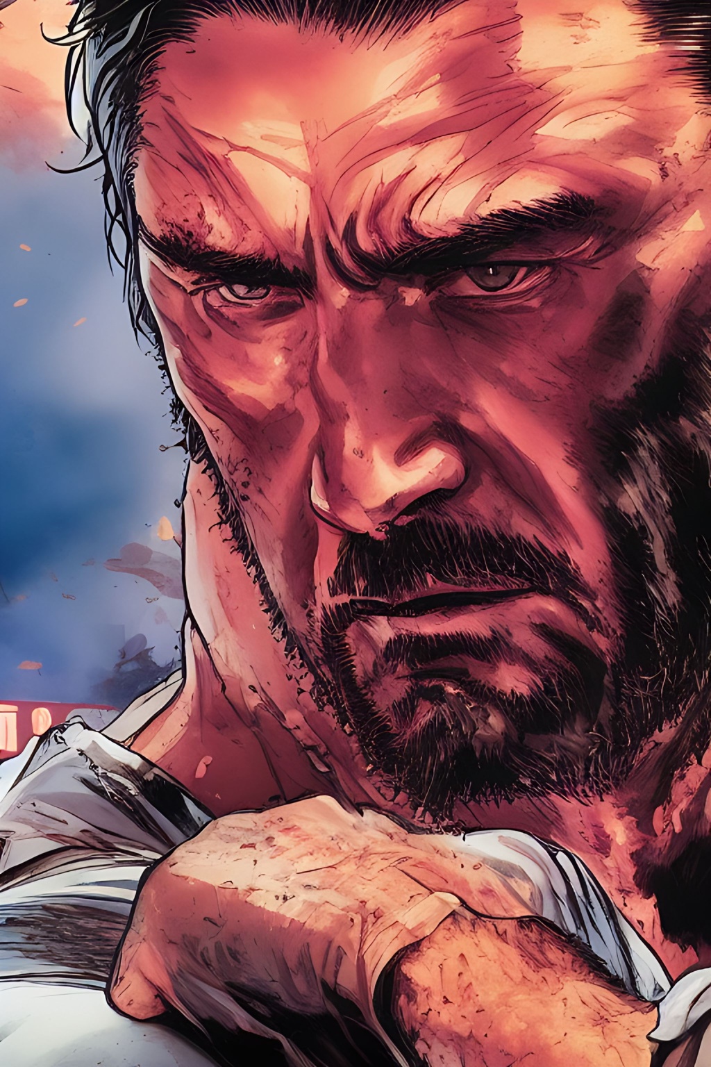 Prompt: telephoto shot, John Wick Character+ shown fighting++ with a man, centered in the frame, full comics book cover page, Comic book page with 3 horizontal panels, highly detailed, highly detailed facial features, nice eyes, city detailed, masterpiece, professional, vivid color, centered in frame, volumetric lighting, fog, professional, 8k, cinematic, menacing, xyf8, unreal engine, octane render, bokeh, vray, houdini render, quixel,  cinematic lighting, luminescence, translucency, arnold render, 8k uhd, raytracing, lumen reflections, cgsociety, ultra realistic, 100mm, film photography, dslr, cinema4d, studio quality, film grain, award-winning, fit aspect ratio, gtav style