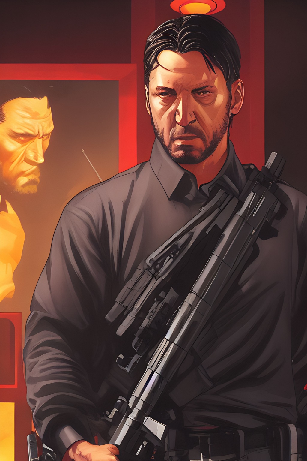 Prompt: telephoto shot, John Wick Character+ shown walking away holding a rifle++, centered in the frame, full comics book cover page, Comic book page with 3 horizontal panels, highly detailed, highly detailed facial features, nice eyes, city detailed, masterpiece, professional, vivid color, centered in frame, volumetric lighting, fog, professional, 8k, cinematic, menacing, xyf8, unreal engine, octane render, bokeh, vray, houdini render, quixel,  cinematic lighting, luminescence, translucency, arnold render, 8k uhd, raytracing, lumen reflections, cgsociety, ultra realistic, 100mm, film photography, dslr, cinema4d, studio quality, film grain, award-winning, fit aspect ratio, gtav style