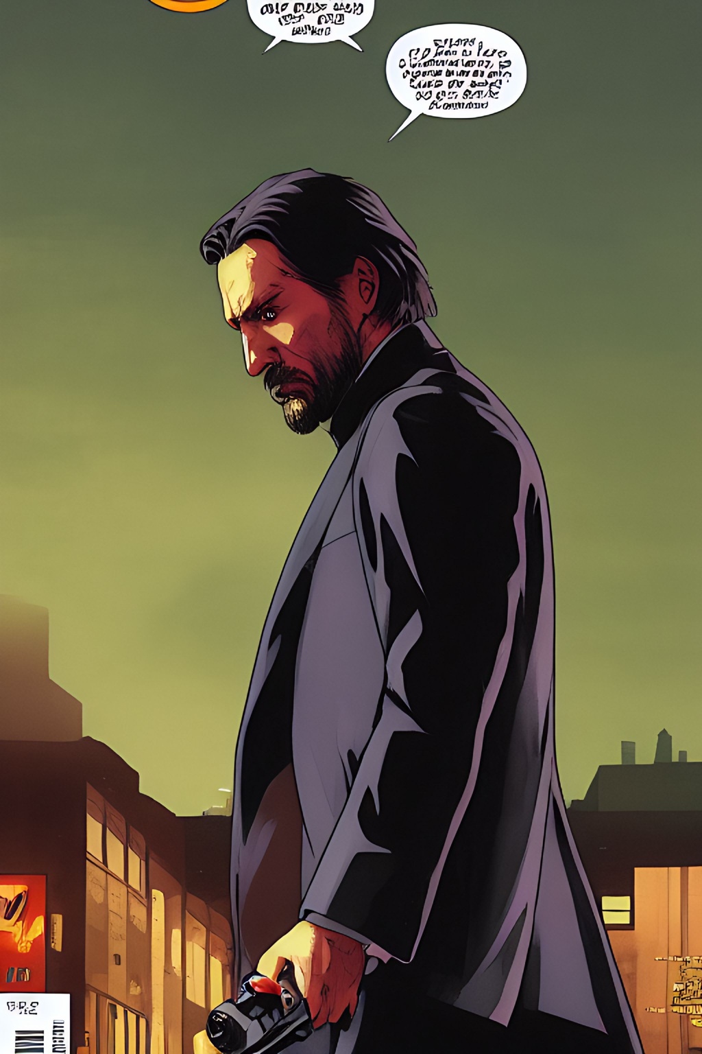 Prompt: telephoto shot, John Wick Character+ shown walking away, centered in the frame, full comics book cover page, Comic book page with 3 horizontal panels, highly detailed, highly detailed facial features, nice eyes, city detailed, masterpiece, professional, vivid color, centered in frame, volumetric lighting, fog, professional, 8k, cinematic, menacing, xyf8, unreal engine, octane render, bokeh, vray, houdini render, quixel,  cinematic lighting, luminescence, translucency, arnold render, 8k uhd, raytracing, lumen reflections, cgsociety, ultra realistic, 100mm, film photography, dslr, cinema4d, studio quality, film grain, award-winning, fit aspect ratio, gtav style