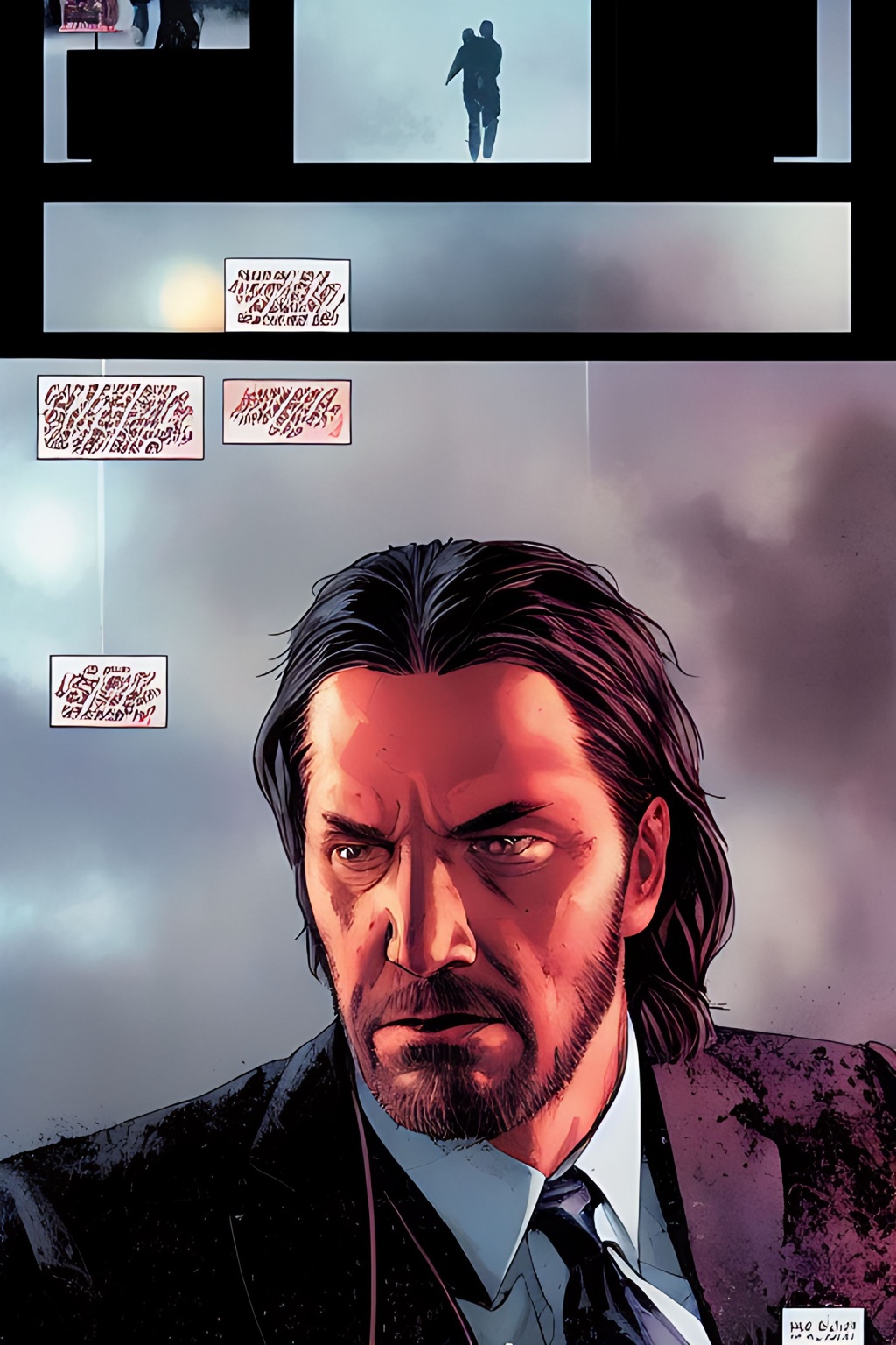 Prompt: telephoto shot, John Wick Character+ shown walking away, centered in the frame, full comics book cover page, Comic book page with 3 horizontal panels, highly detailed, highly detailed facial features, nice eyes, city detailed, masterpiece, professional, vivid color, centered in frame, volumetric lighting, fog, professional, 8k, cinematic, menacing, xyf8, unreal engine, octane render, bokeh, vray, houdini render, quixel,  cinematic lighting, luminescence, translucency, arnold render, 8k uhd, raytracing, lumen reflections, cgsociety, ultra realistic, 100mm, film photography, dslr, cinema4d, studio quality, film grain, award-winning, fit aspect ratio, gtav style