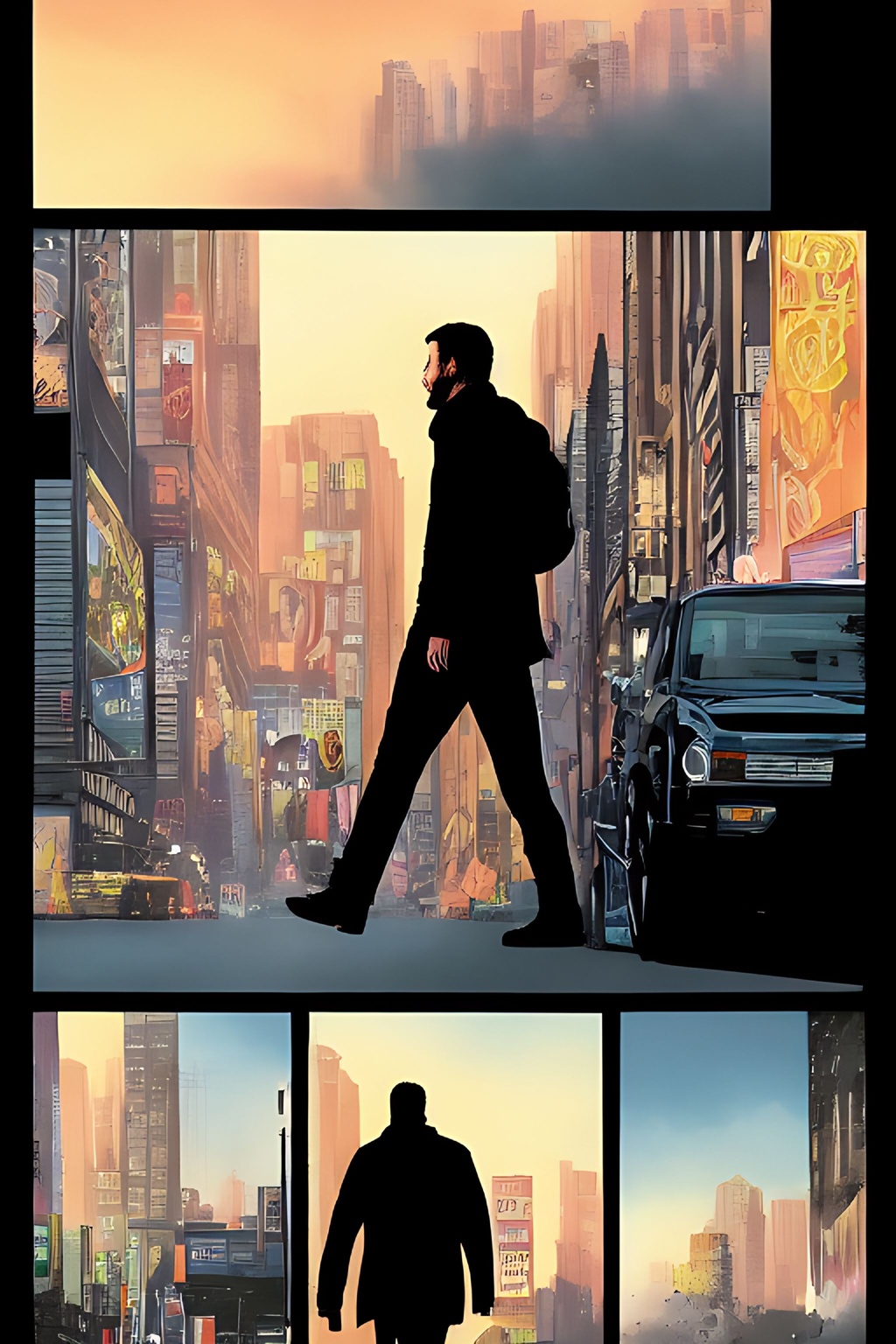 Prompt: telephoto shot, John Wick Character+ shown walking away, centered in the frame, full comics book cover page, Comic book page with 3 horizontal panels, highly detailed, highly detailed facial features, nice eyes, city detailed, masterpiece, professional, vivid color, centered in frame, volumetric lighting, fog, professional, 8k, cinematic, menacing, xyf8, unreal engine, octane render, bokeh, vray, houdini render, quixel,  cinematic lighting, luminescence, translucency, arnold render, 8k uhd, raytracing, lumen reflections, cgsociety, ultra realistic, 100mm, film photography, dslr, cinema4d, studio quality, film grain, award-winning, fit aspect ratio, gtav style