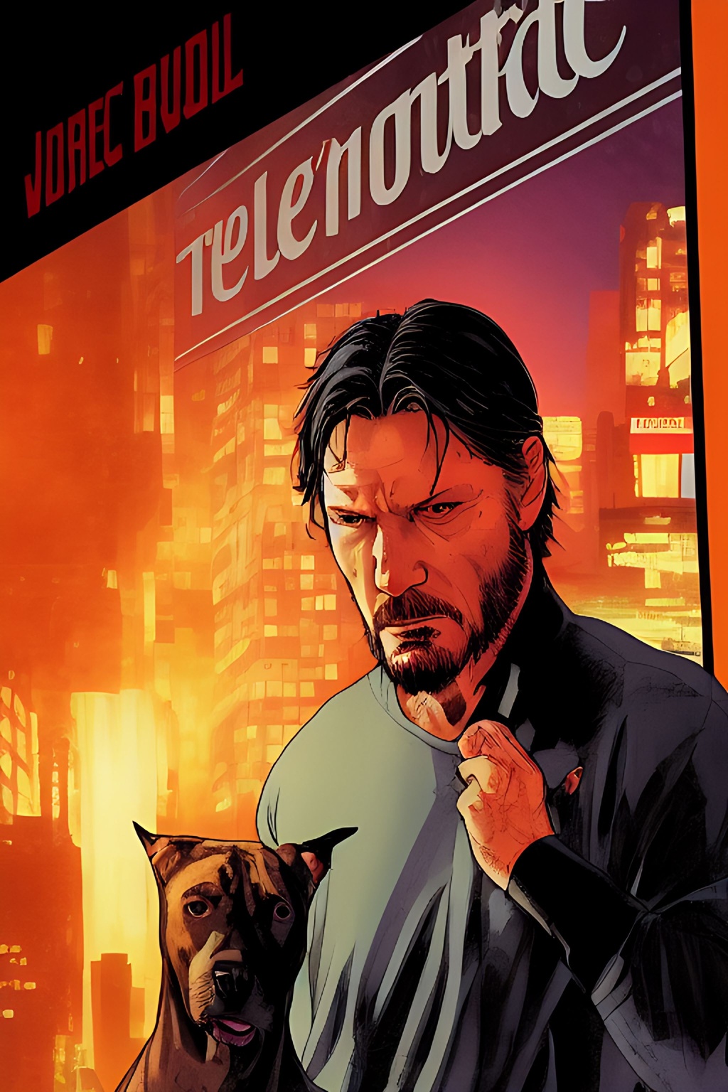 Prompt: telephoto shot, John Wick Character shown walking away with his pit bull+ , centered in the frame, full comics book cover page, Comic book page with 3 horizontal panels, highly detailed, highly detailed facial features, nice eyes, city detailed, masterpiece, professional, vivid color, centered in frame, volumetric lighting, fog, professional, 8k, cinematic, menacing, xyf8, unreal engine, octane render, bokeh, vray, houdini render, quixel,  cinematic lighting, luminescence, translucency, arnold render, 8k uhd, raytracing, lumen reflections, cgsociety, ultra realistic, 100mm, film photography, dslr, cinema4d, studio quality, film grain, award-winning, fit aspect ratio, gtav style