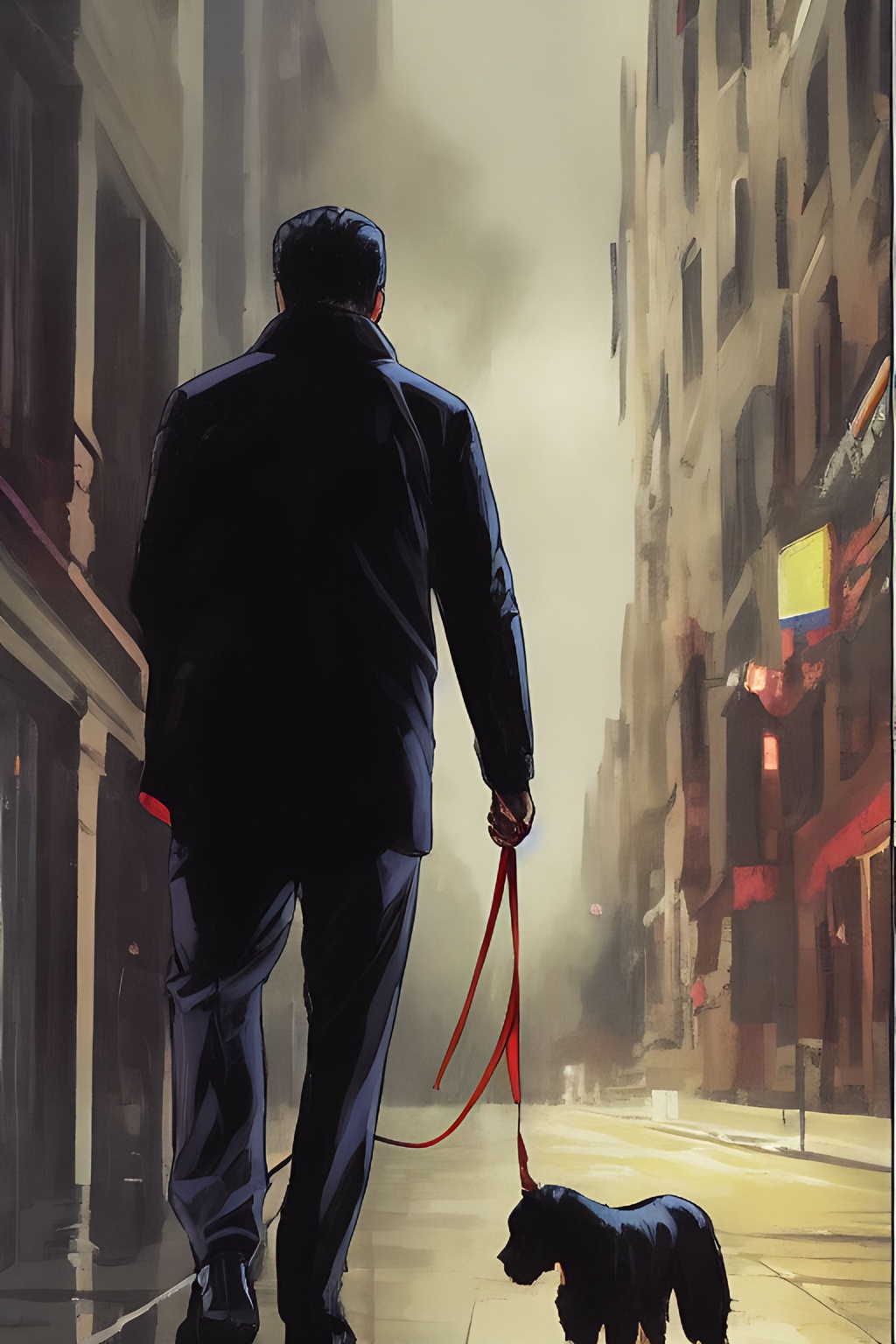 Prompt: telephoto shot, John Wick Character+ shown walking away with his dog, centered in the frame, full comics book cover page, Comic book page with 3 horizontal panels, highly detailed, highly detailed facial features, nice eyes, city detailed, masterpiece, professional, vivid color, centered in frame, volumetric lighting, fog, professional, 8k, cinematic, menacing, xyf8, unreal engine, octane render, bokeh, vray, houdini render, quixel,  cinematic lighting, luminescence, translucency, arnold render, 8k uhd, raytracing, lumen reflections, cgsociety, ultra realistic, 100mm, film photography, dslr, cinema4d, studio quality, film grain, award-winning, fit aspect ratio, gtav style