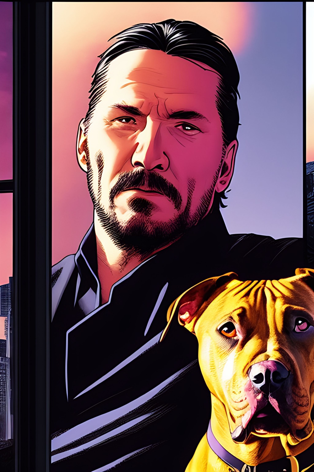 Prompt: telephoto shot, John Wick Character shown walking with his pit bull+, centered in the frame, full comics book cover page, Comic book page with 3 horizontal panels, highly detailed, highly detailed facial features, nice eyes, city detailed, masterpiece, professional, vivid color, centered in frame, volumetric lighting, fog, professional, 8k, cinematic, menacing, xyf8, unreal engine, octane render, bokeh, vray, houdini render, quixel,  cinematic lighting, luminescence, translucency, arnold render, 8k uhd, raytracing, lumen reflections, cgsociety, ultra realistic, 100mm, film photography, dslr, cinema4d, studio quality, film grain, award-winning, fit aspect ratio, gtav style