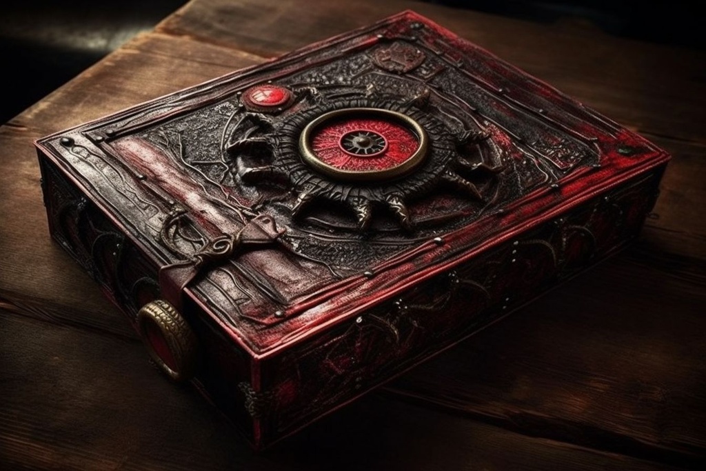 Prompt: The infamous Necronomicon, an ominous ancient tome bound in dark, weathered leather, embossed with arcane symbols and eldritch runes that pulsate with malevolent energy