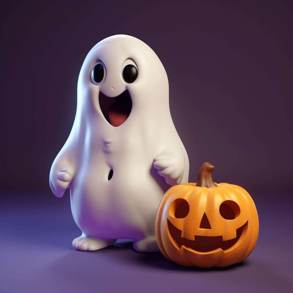 Prompt: An extremely cute ghost is standing next to a pumpkin, in the style of realistic images, wimmelbilder, uhd image, commission for, smilecore, photobash, loose gestures