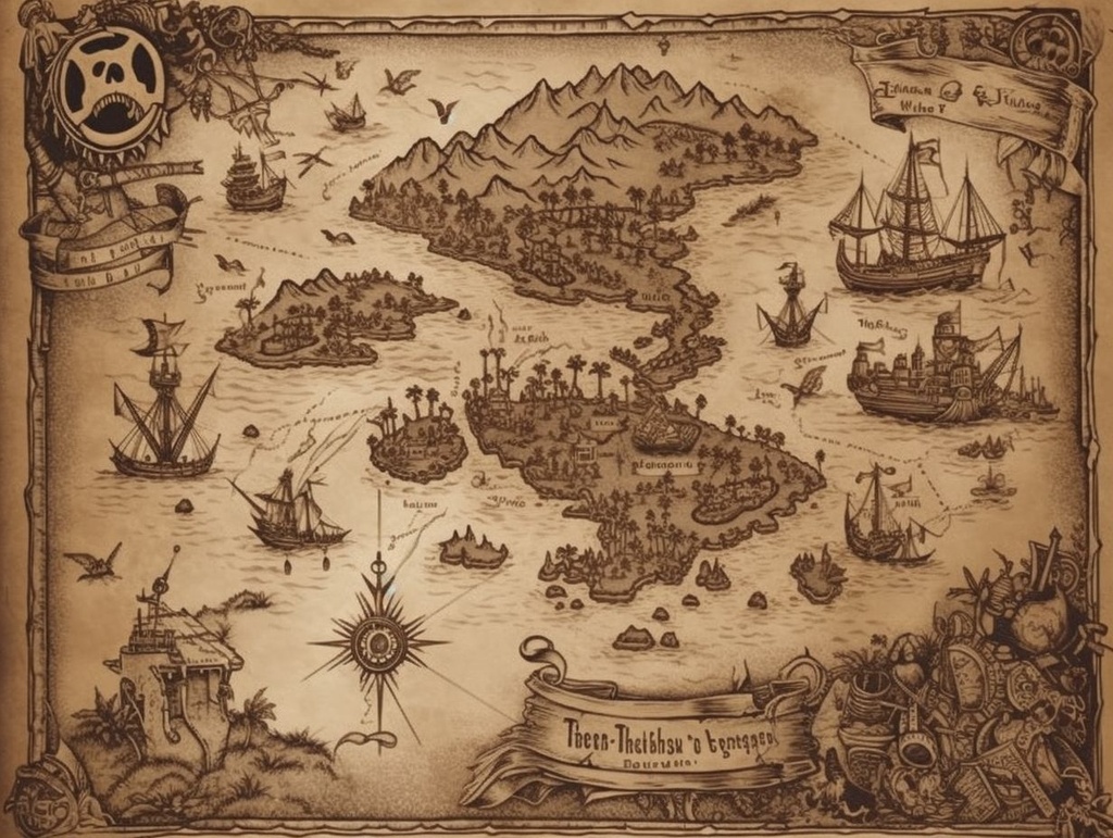 Prompt: A weathered and tattered pirate treasure map, intricate hand - drawn details on aged parchment