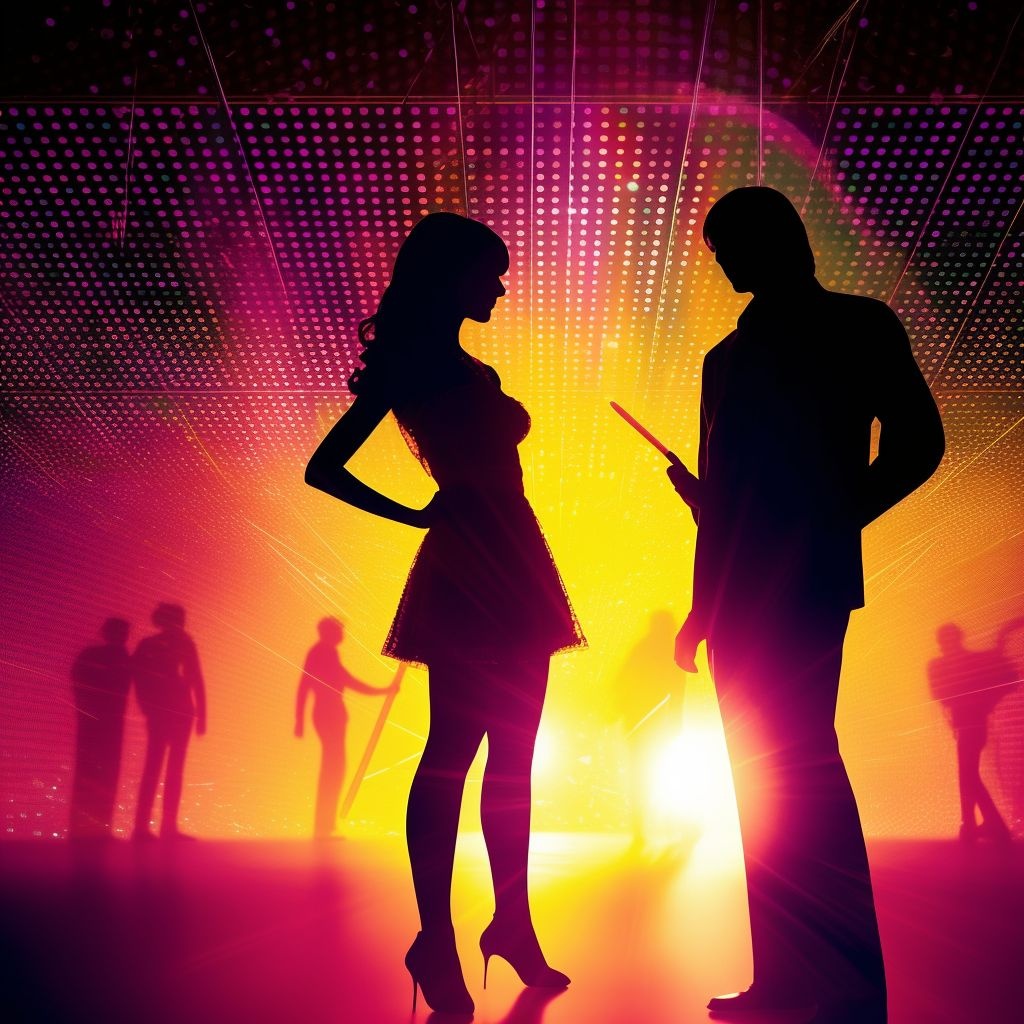 Prompt: a silhouette of a woman holding a tennis racquet, line dancing at a party, holography space, seventies era, shutterstock, square, couple dancing, wallpaper - 1 0 2 4, the stars, moonwalker photo, [[fantasy]], elaborate stage effects, bruce kaiser, molten, star, fan favorite, profile picture, retro sci - fi picture