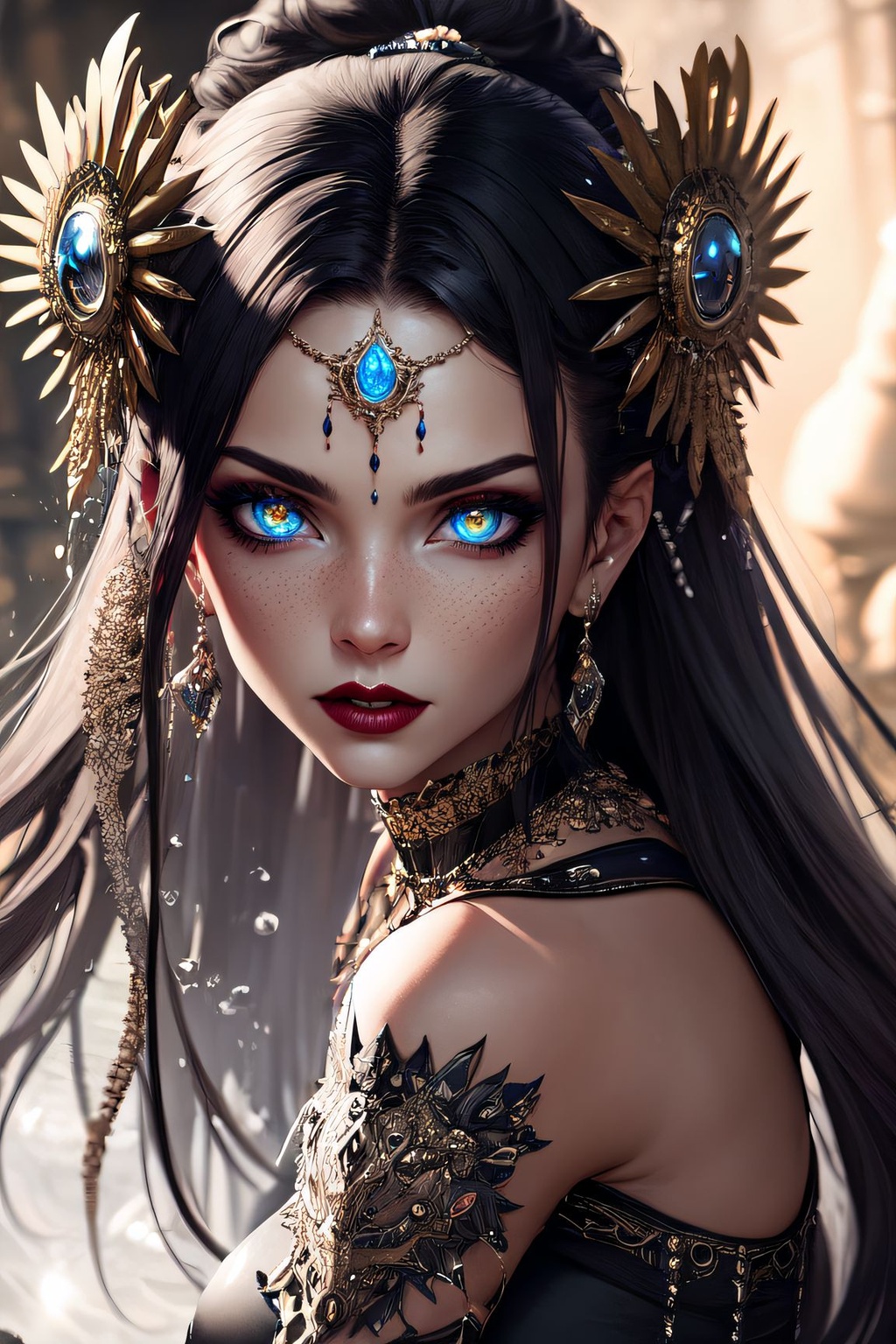 Prompt: Sci-fi, fantasy, Clear, high resolution, of a futuristic, gypsy female kneeling. blood, detailed intricate fantasy background. clear eyes. Crisp image, extremely detailed face. Hyper realistic eyes. Detailed hands. Splash art. ,UHD, HDR, 16K, ((Masterpiece))  Model: 2DN