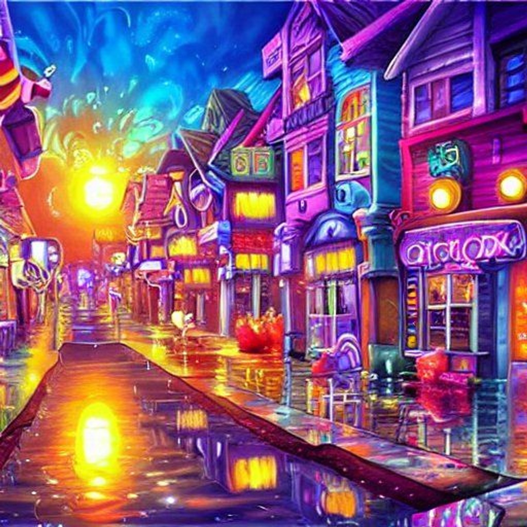 Prompt: a painting of a city at night, a detailed matte painting, by Cyril Rolando, fantasy art, in a lisa frank art style, in a candy land style house, while tripping on dmt, a mystic river, in the art style of dan mumford, boardwalk, neon reflections in the puddles, cottage town, disney render, front page of art station, alternate dimension