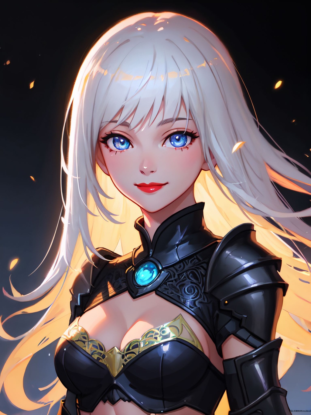 Prompt: white hair, intricate azure armor, detailed gorgeous face, beautiful South Korean girl, medium length white hair, toned stomach, showing midriff, Hyperrealism, by Greg Rutkowski,  ,UHD, HDR10, 16k, ((Masterpiece))