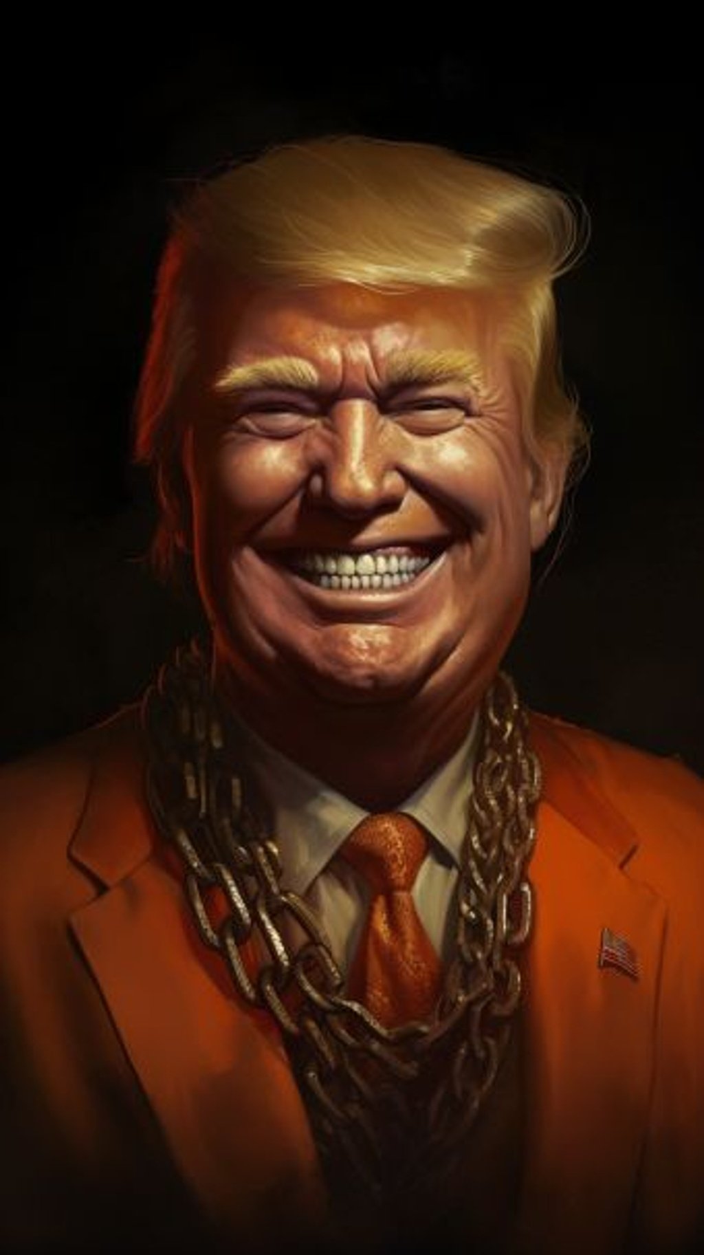 Prompt: detailed and realistic image of Donald Trump wearing gold teeth, with a cigarette hanging out of his mouth. He has a grin on his face, so that his crooked gold teeth can be visible. He has an angry look to his face, with a mean, scowling expression, he is wearing an orange jumpsuit and has a large chain around his neck --ar 9:16 --q 2 --upbeta --v 5