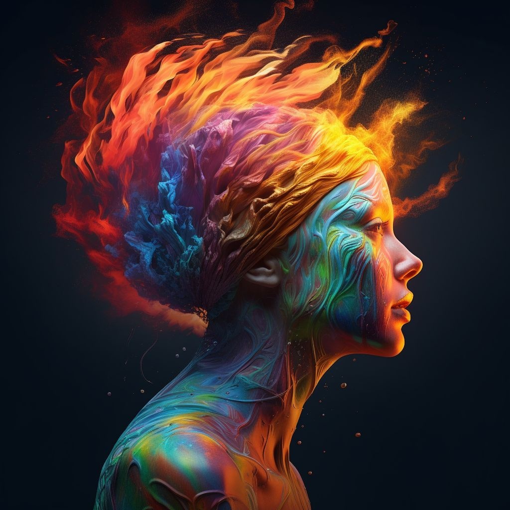 Prompt: a woman with fire coming out of her head, inspired by Mike Winkelmann, digital art, casting a multi colored spell, 3d with depth of field, insanity of the mind, psychedelic color scheme, cgi clay sculpture, concept art illustration, colorfull illustration, concept art design illustration, abstract concept