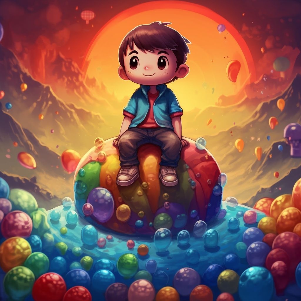 Prompt: a little boy sitting on top of a colorful object, a storybook illustration, deviantart contest winner, bomberman, escaping air bubbles, big planet on background, epic full color illustration, a beautiful artwork illustration, details and vivid colors, center view, cartoon style illustration, rainbow road, point of view : up, chibi, card game illustration