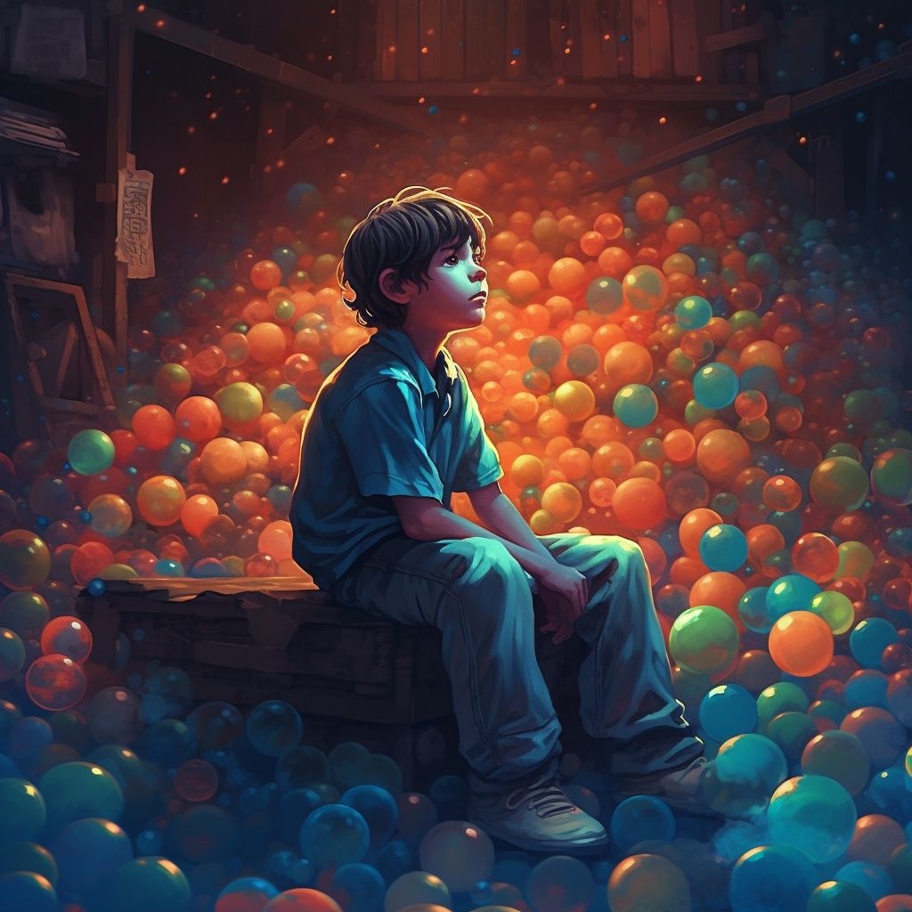 Prompt: a little boy sitting on top of a pile of bubbles, inspired by Cyril Rolando, deviantart contest winner, digital art, in a ball pit, sad expression, dan mumford tom bagshaw, colorful hd picure, chibi, universe, greg beeple, with beautiful colors, resting, beeple and jeremiah ketner, colourfull