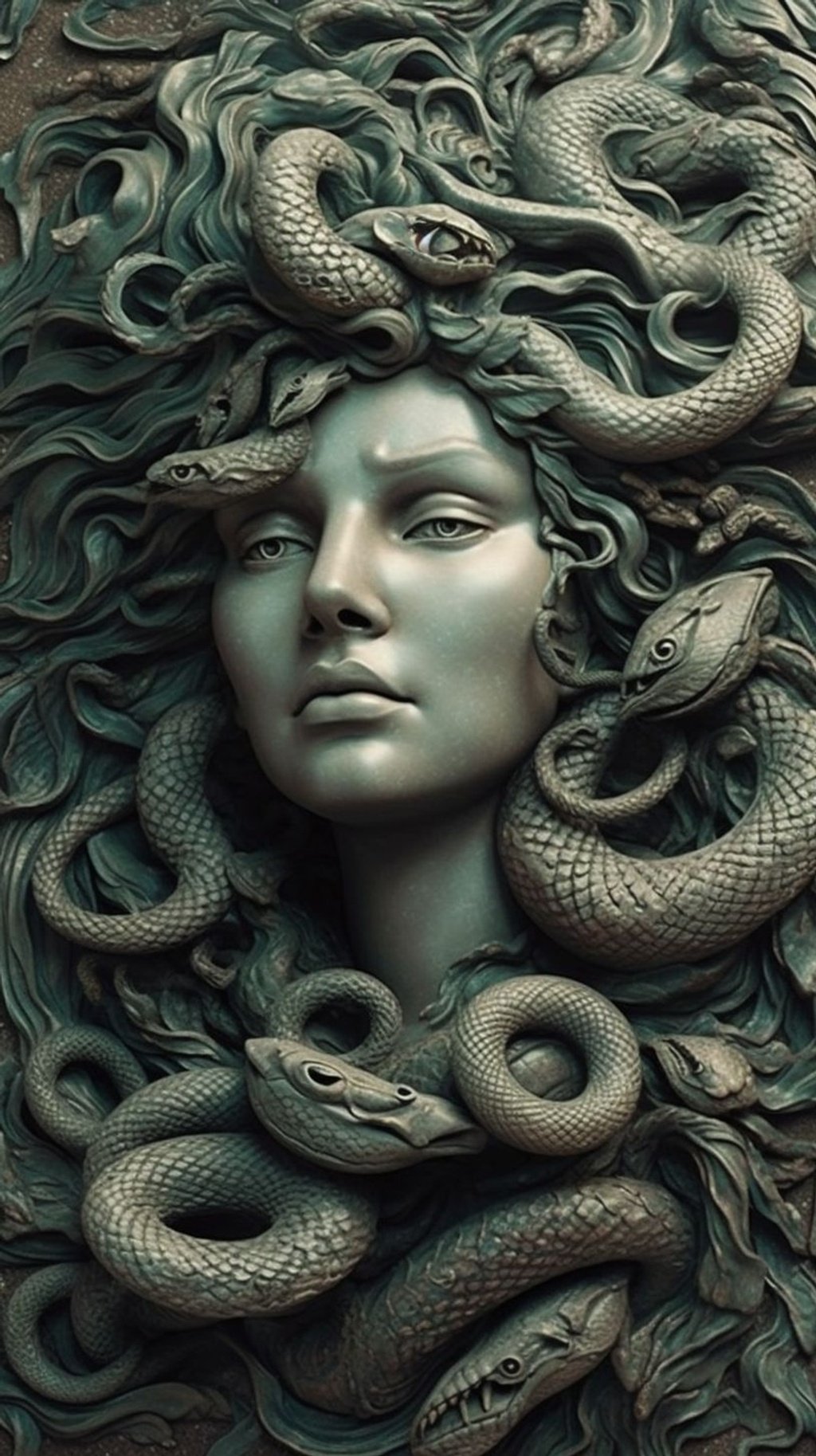 Prompt: medusa with snakes as hair flowing encapsulating her embossed in stone extreme high detail colored