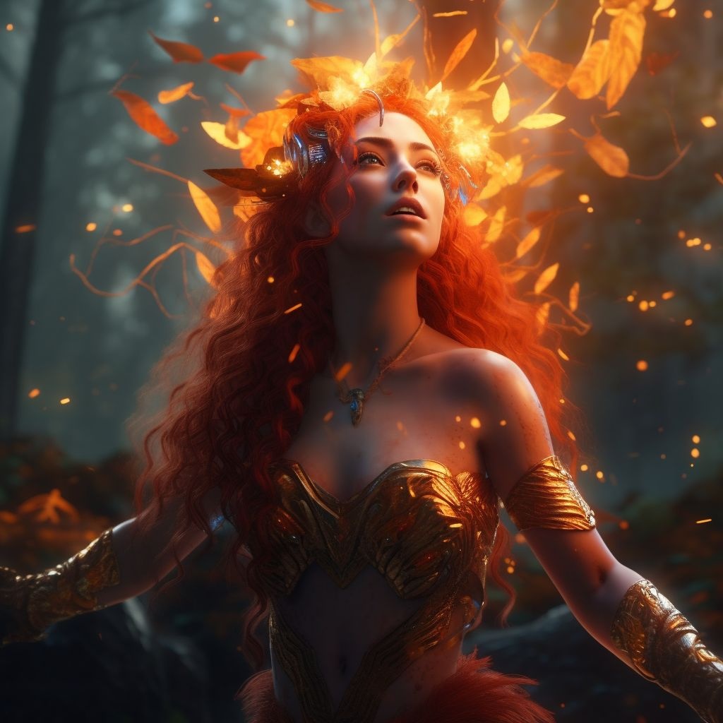 Prompt: A digital representation of a mythological goddess with blazing flames for hair, set against a backdrop of a dreamlike forest. The image is rendered in 3D illustration and has a high-quality, fantasy-style design with arcane touches. The humanoid creature resembles the Greek goddess Aphrodite, emanating a colorful fire that illuminates the whole scene with a vfx art touch.