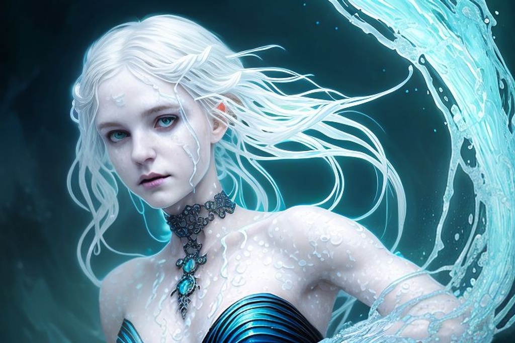 Prompt: Fathom, young pale skinny white girl, (white background), white hair, water enchantress, water intigrating into hair, full body, cover, blue choker, splash, perfect eyes, hyperdetailed painting, luminism, Bar lighting, complex, 4k resolution concept art portrait by Greg Rutkowski, Artgerm, WLOP, Alphonse Mucha, little fusion pojatti realistic goth, fractal isometrics details bioluminescens : a stunning realistic photograph 30 years, full body