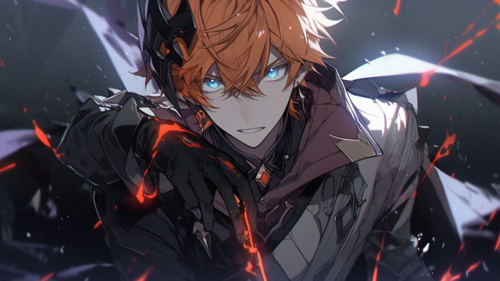 Prompt: photorealistic Tartaglia from Genshin Impact, messy short ginger hair, wearing black clothing, posing for a dramatic picture, with a dark aura surrounding him, and his eyes glowing purple --ar 16:9 --q 2 --upbeta --niji 5