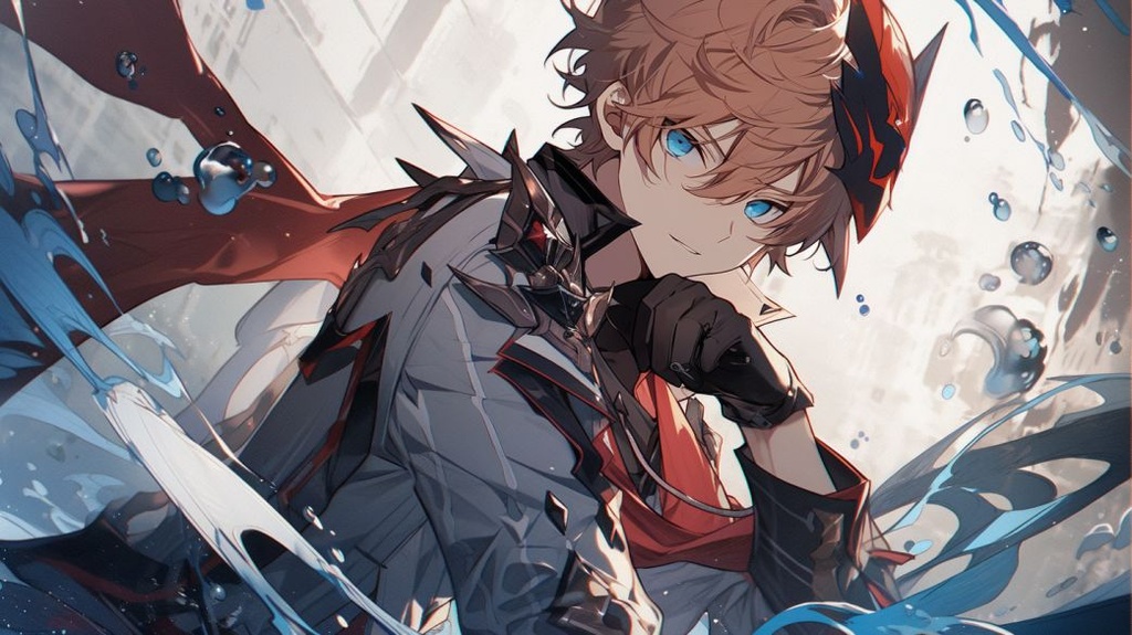 Prompt: Tartaglia from Genshin impact, short messy ginger hair, bright blue eyes, fisety epression, confident pose, --ar 16:9 --q 2 --upbeta --niji 5