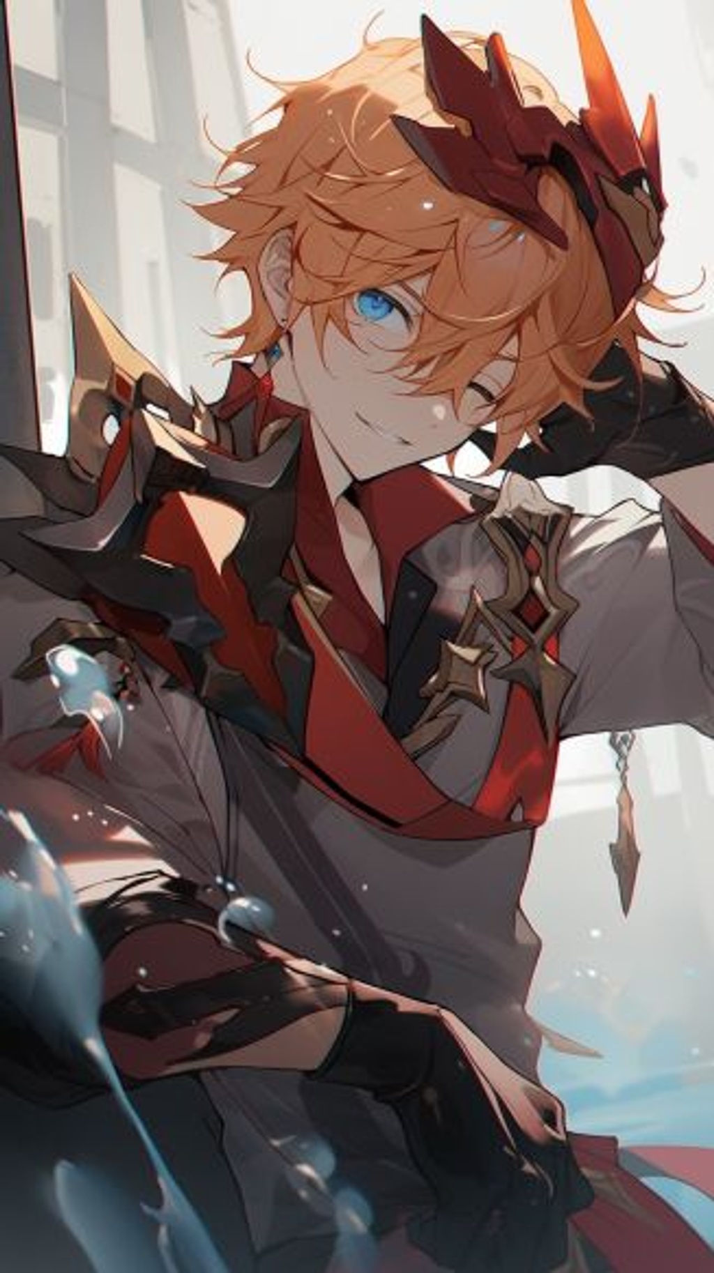 Prompt: Tartaglia from Genshin impact, short messy ginger hair, bright blue eyes, fisety epression, confident pose, --ar 9:16 --q 2 --upbeta --niji 5